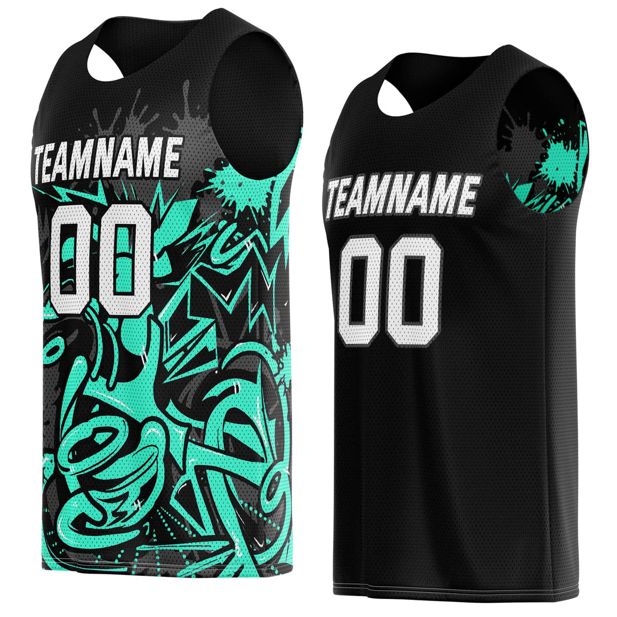 Custom Reversible Basketball Jersey for Individuals &amp; Teams – Black Teal Graffiti | Vosoli