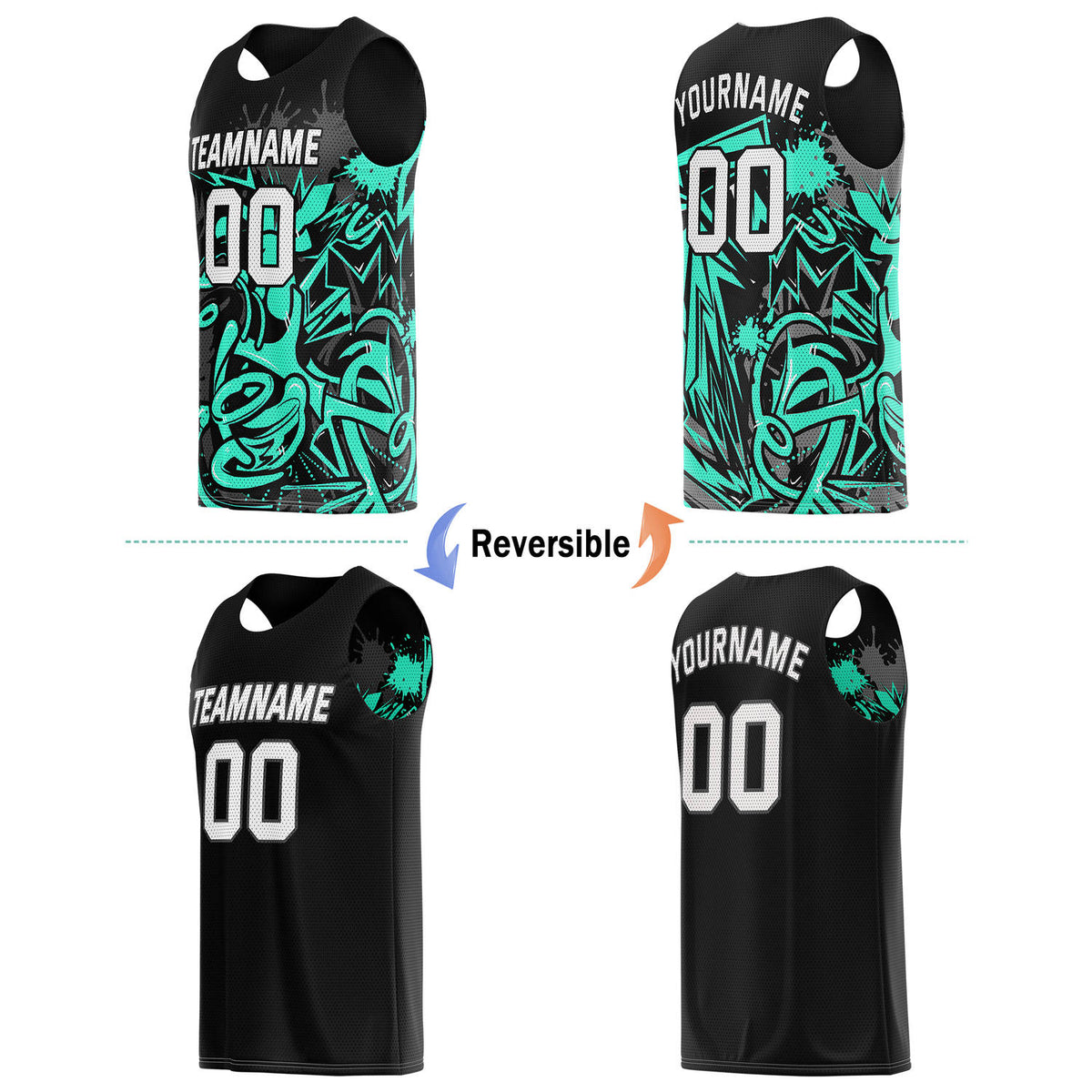 Custom Reversible Basketball Jersey for Individuals & Teams – Black Teal Graffiti | Vosoli