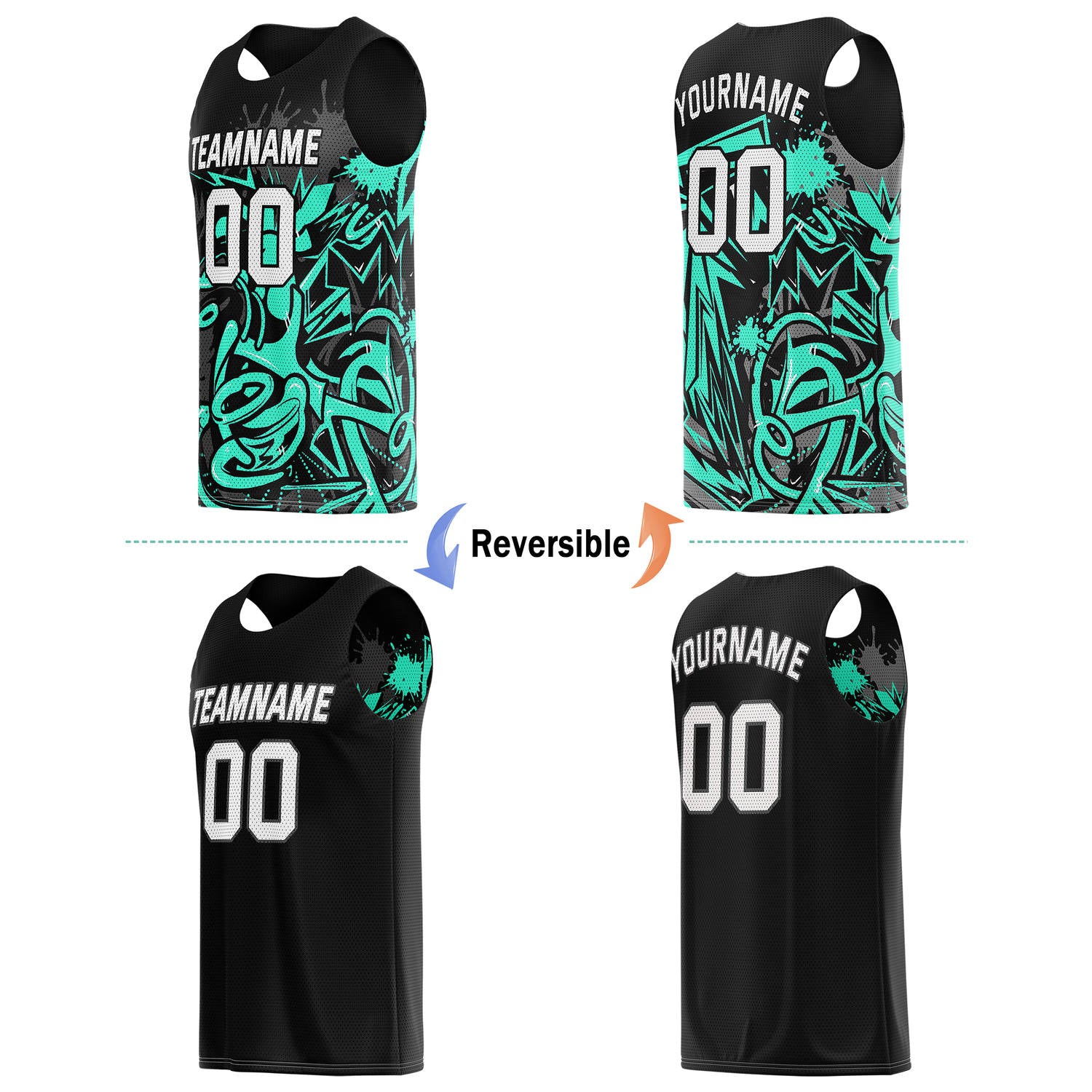 Custom Reversible Basketball Jersey for Individuals & Teams – Black Teal Graffiti | Vosoli