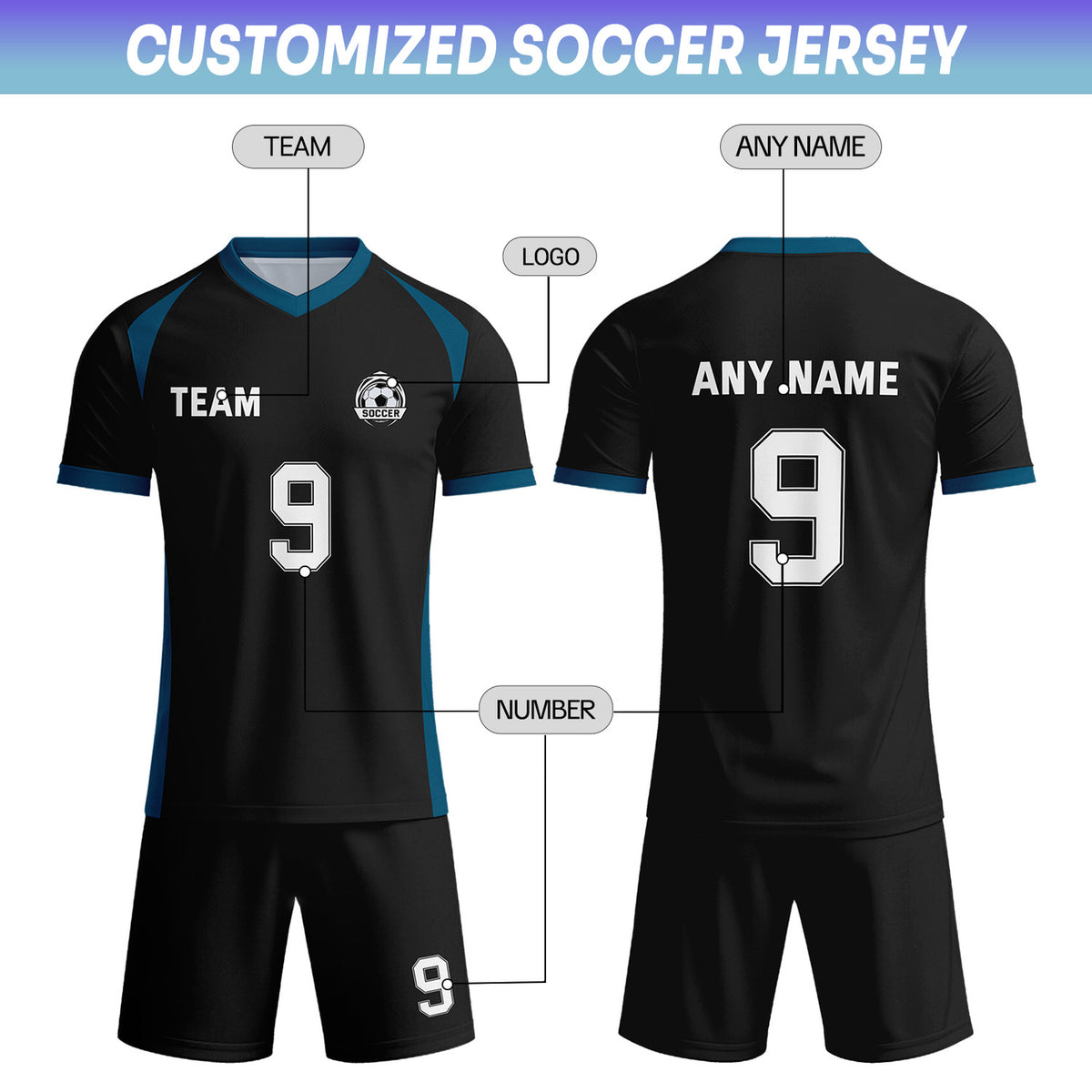 Custom Black & Teal-White Soccer Uniform Set - Personalized Team Name & Number | Vosoli