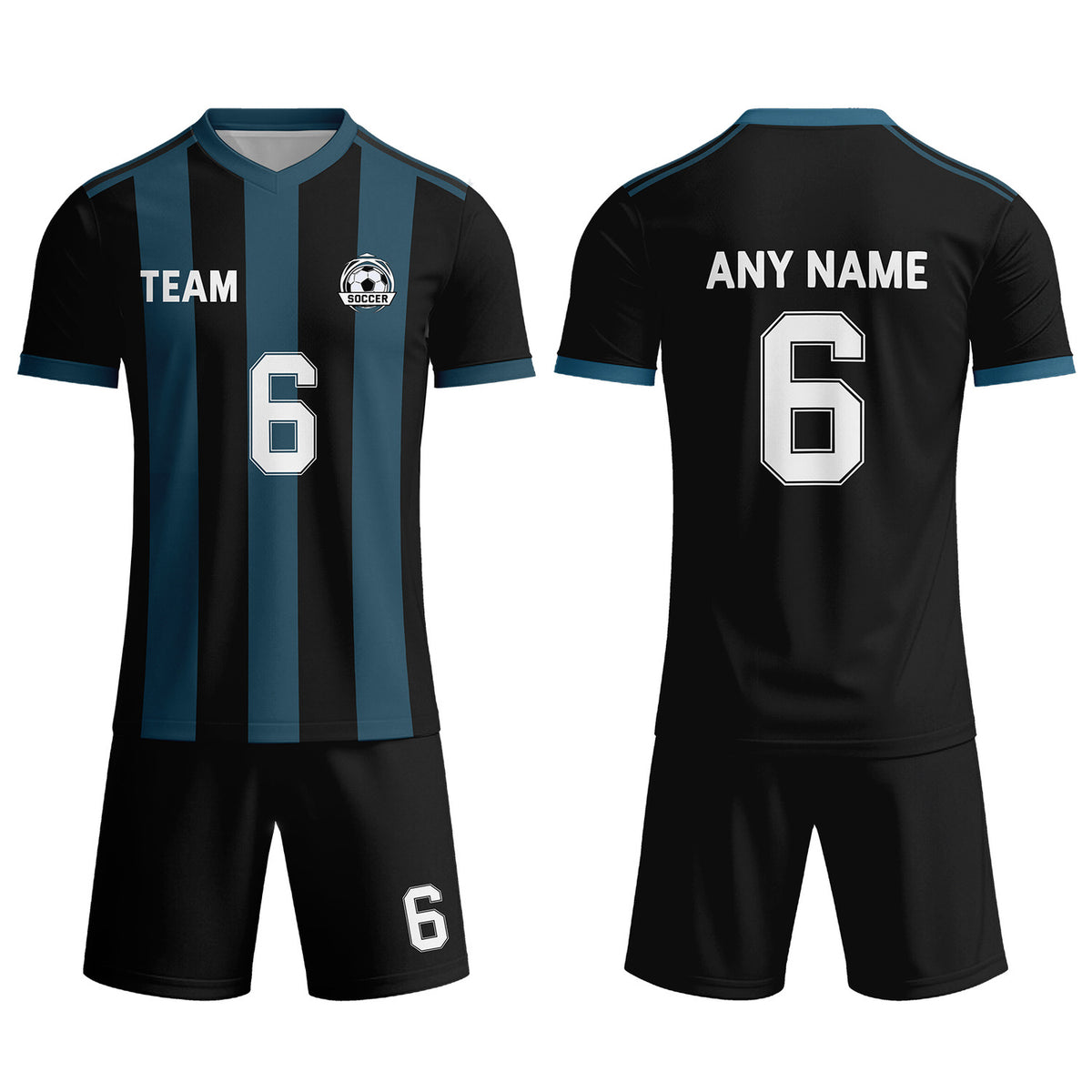 Custom Black &amp; Teal-White Striped Soccer Uniform Set for Teams &amp; Individuals | Vosoli
