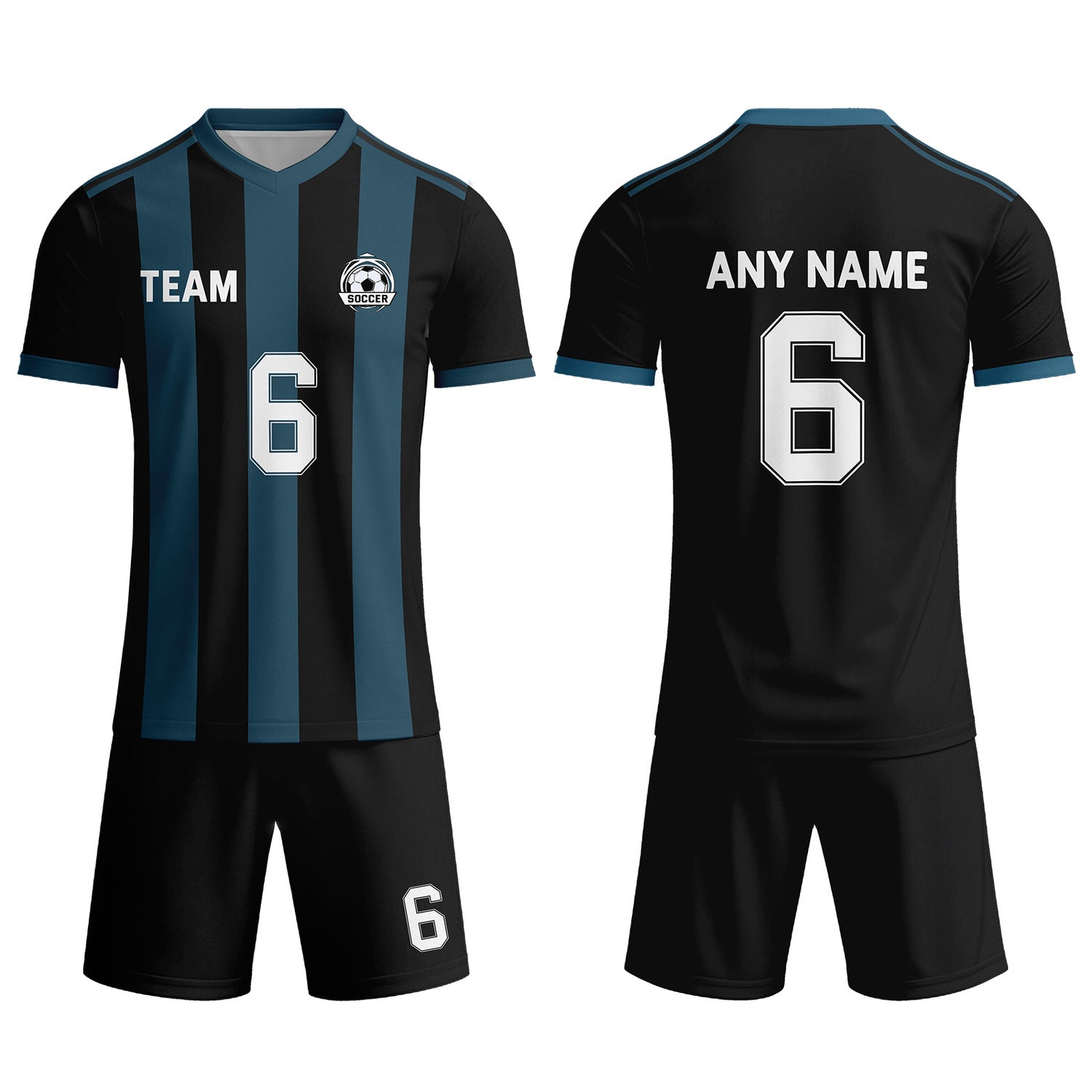 Custom Black & Teal-White Striped Soccer Uniform Set for Teams & Individuals | Vosoli