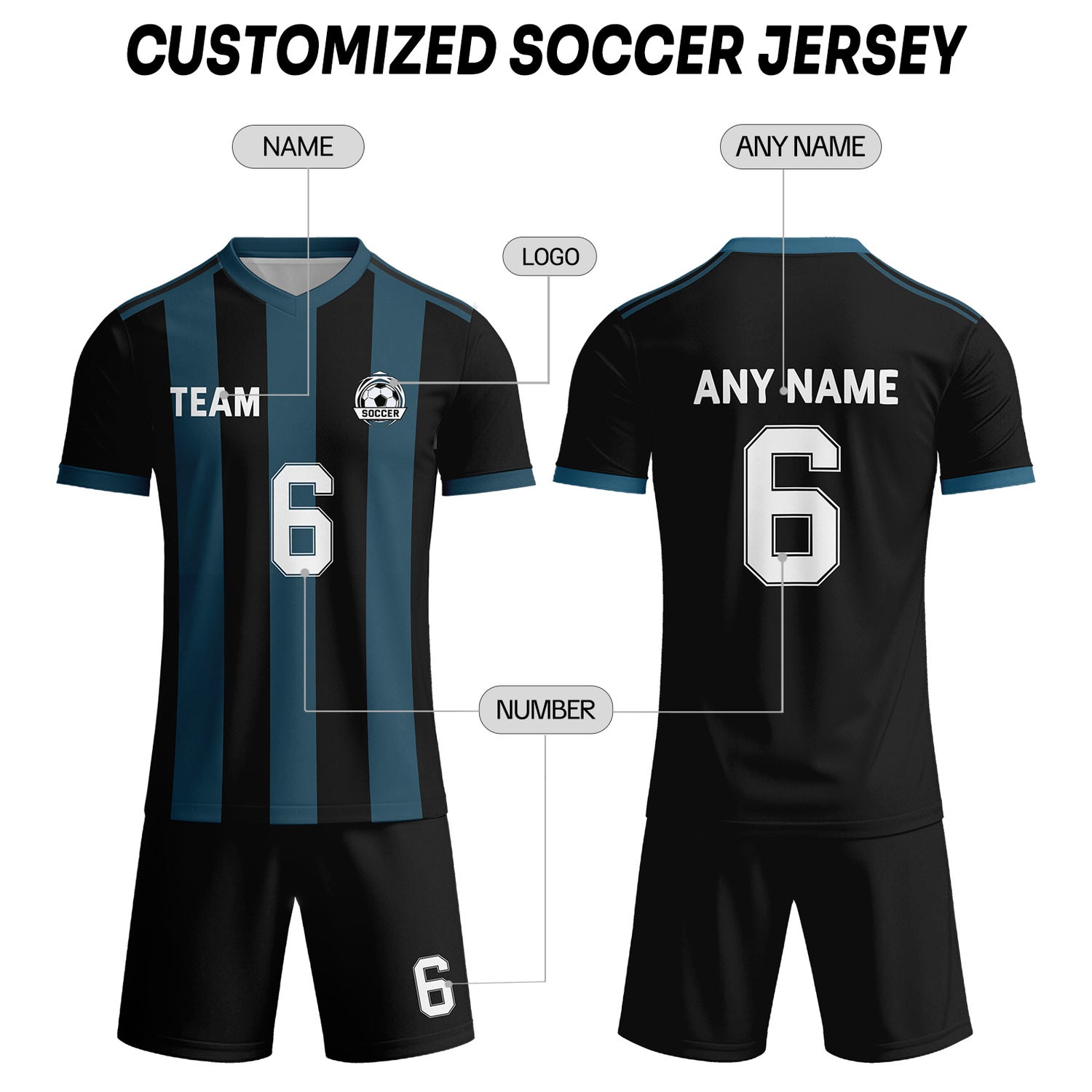 Custom Black & Teal-White Striped Soccer Uniform Set for Teams & Individuals | Vosoli