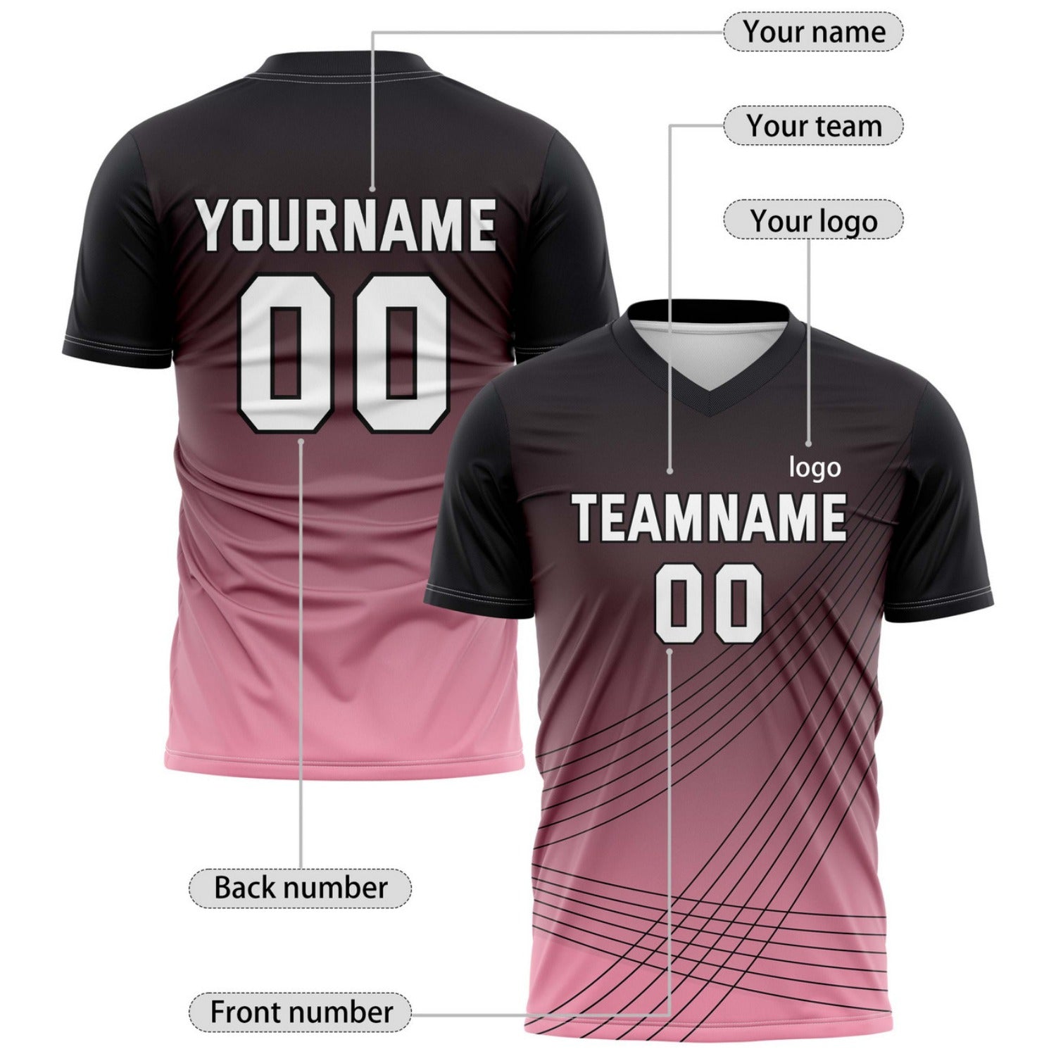 Custom Black-to-Pink Gradient Soccer Jersey - Personalized Team Name & Player Number for Leagues | Vosoli