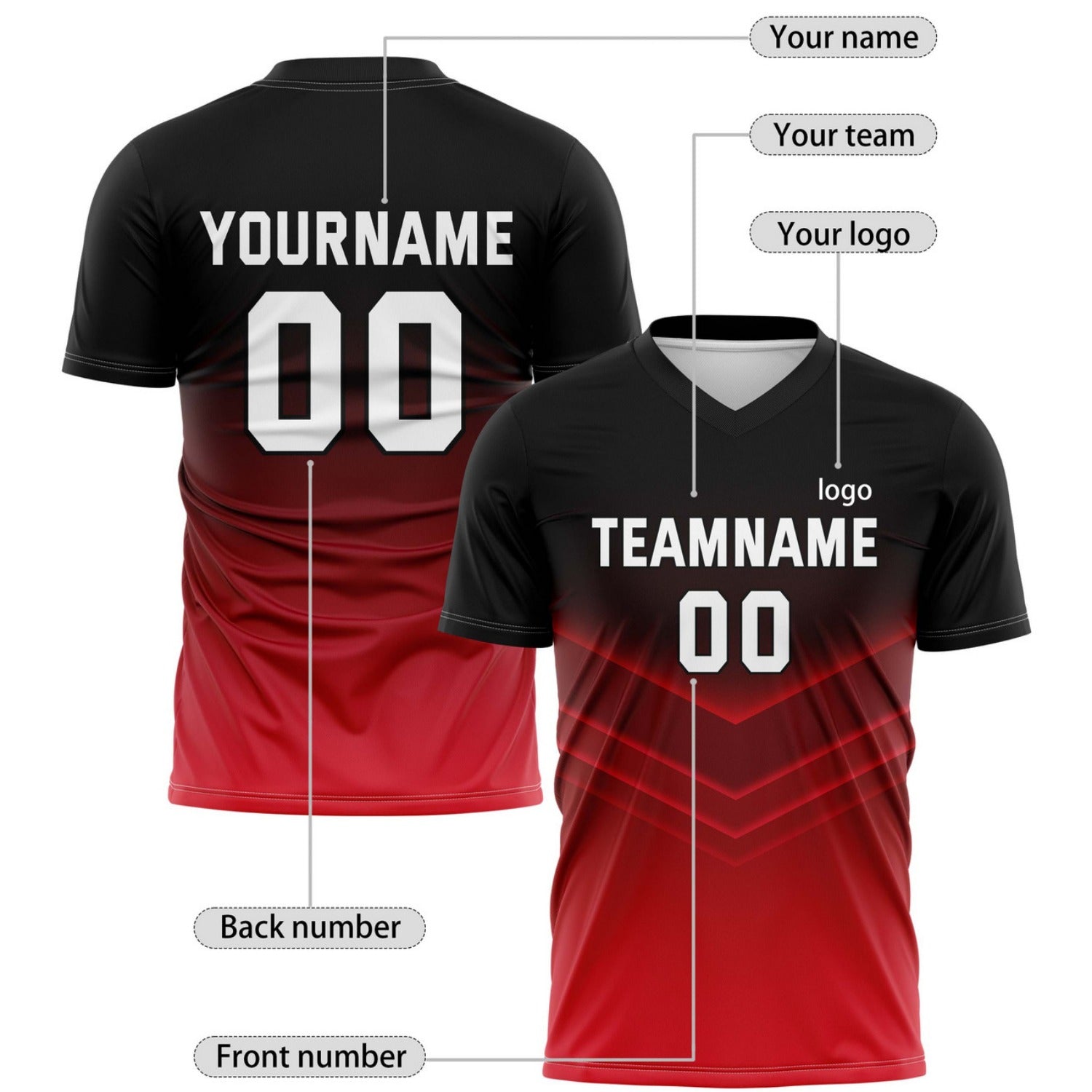 Custom Black-to-Red Gradient Soccer Jersey for Teams & Individuals | Vosoli