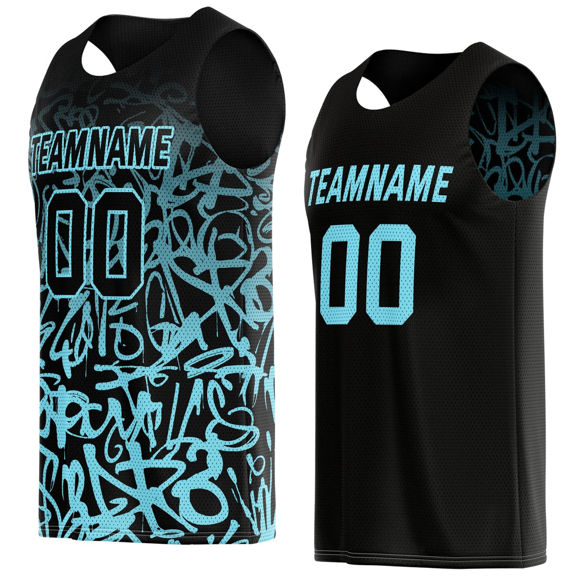 Custom Reversible Basketball Jersey for Individuals &amp; Teams – Black &amp; Turquoise Graffiti | Vosoli