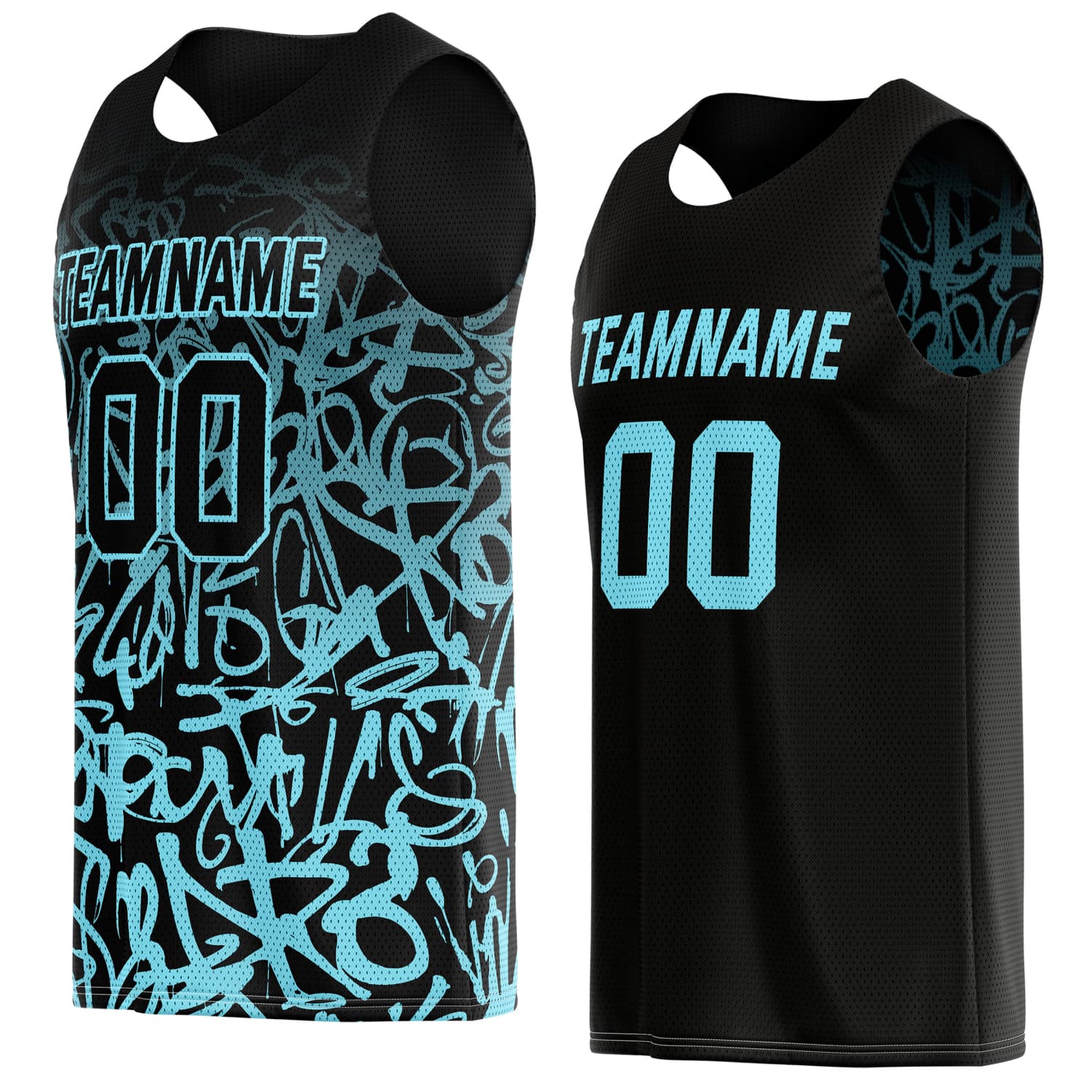 Custom Reversible Basketball Jersey for Individuals & Teams – Black & Turquoise Graffiti | Vosoli