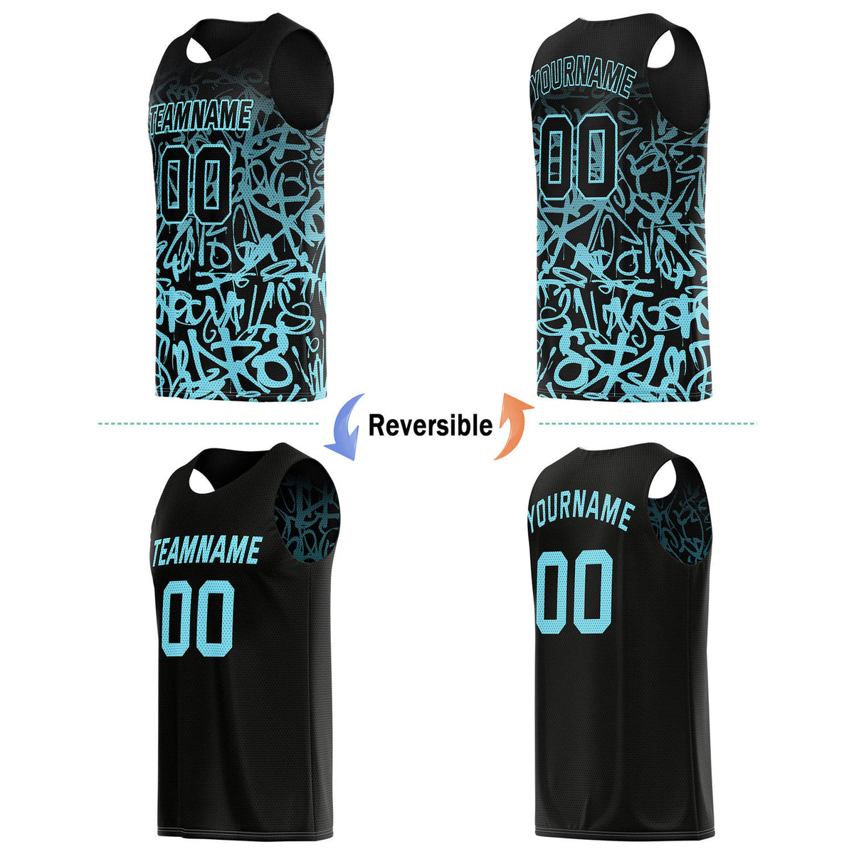 Custom Reversible Basketball Jersey for Individuals & Teams – Black & Turquoise Graffiti | Vosoli