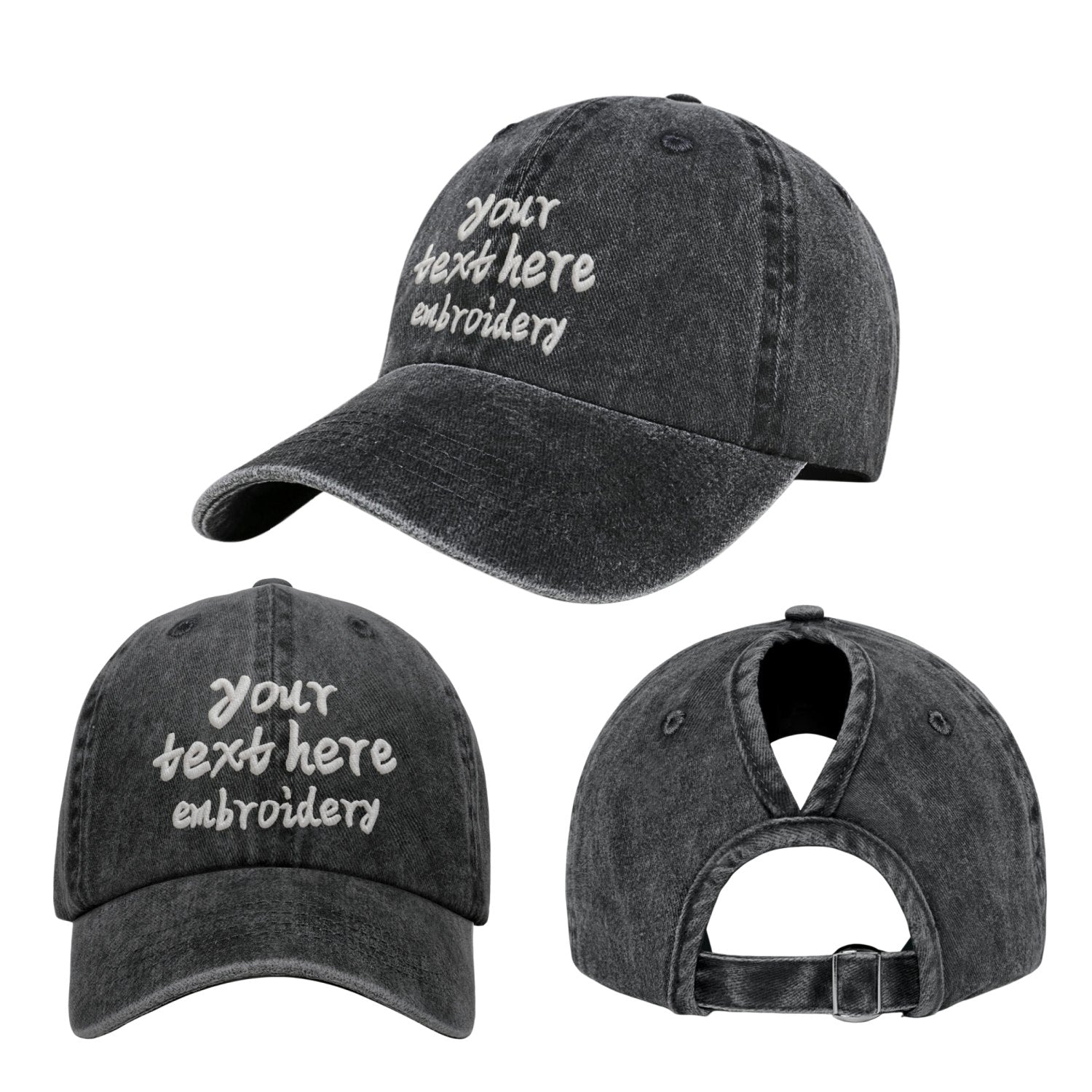 Vosoli Black Washed Denim Women’s Ponytail Cap - Team Custom 3D Embroidery or Print Personalized Hats
