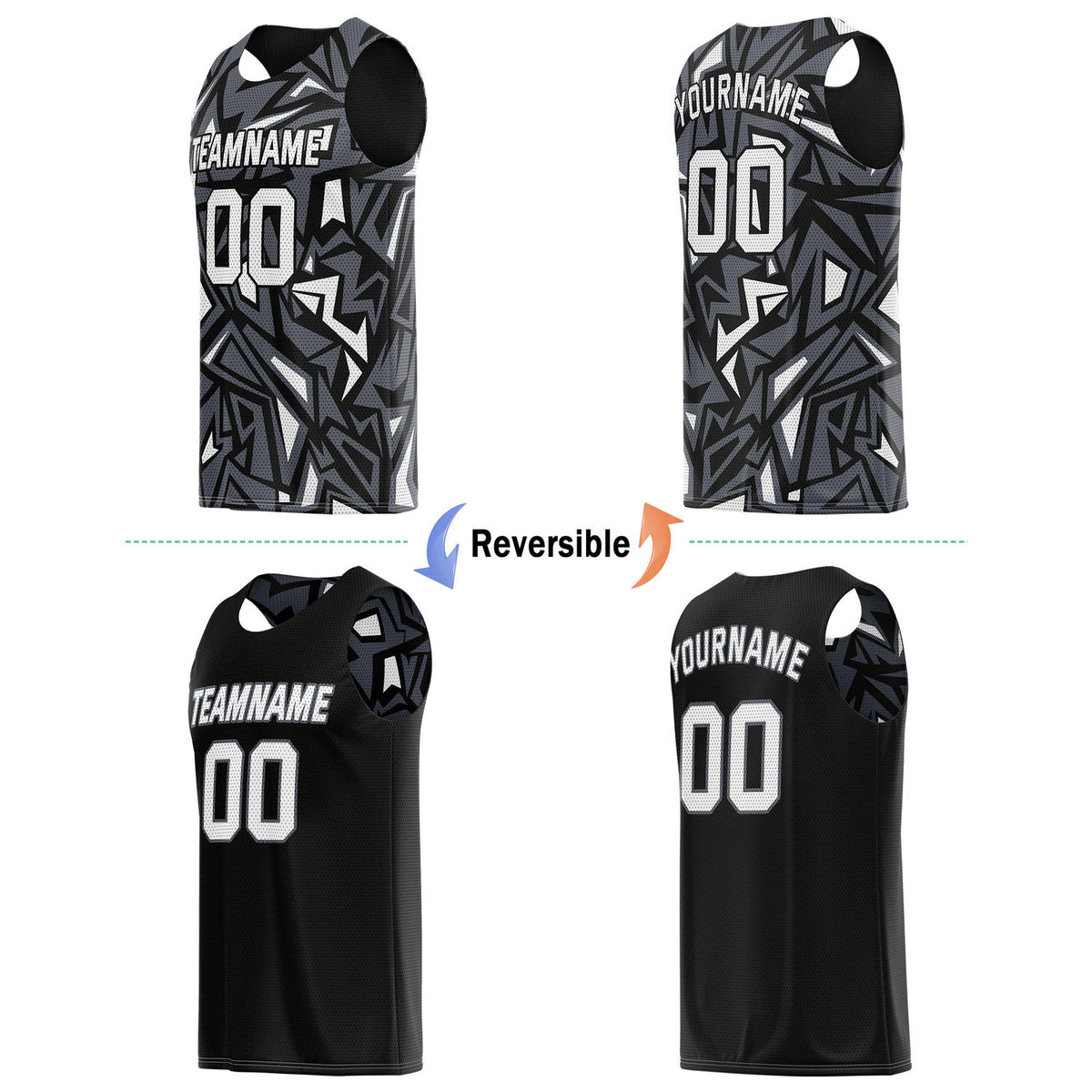 Custom Reversible Basketball Jersey for Individuals & Teams – Black White Abstract Geo | Vosoli