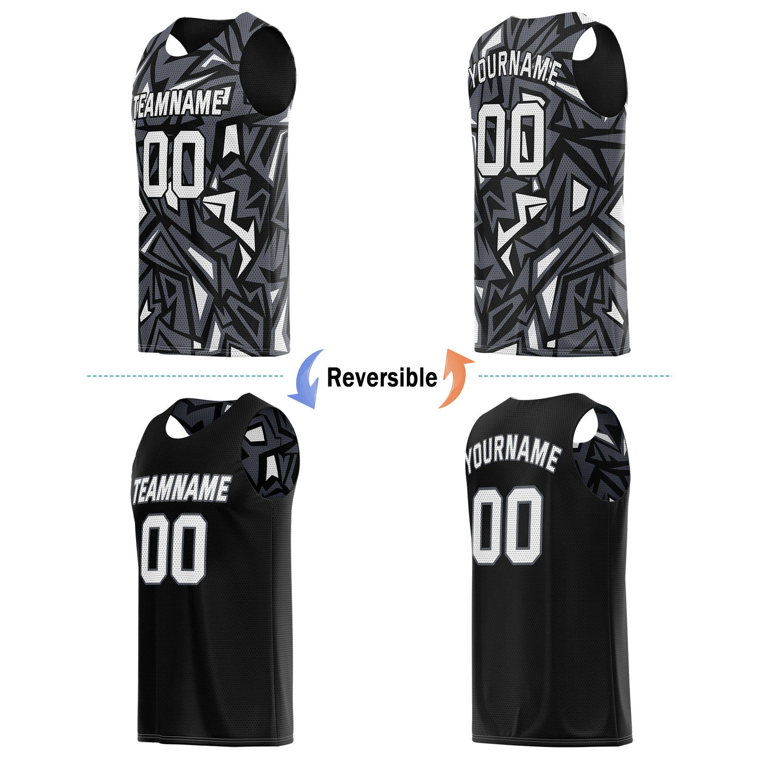Custom Reversible Basketball Jersey for Individuals & Teams – Black White Abstract Geo | Vosoli