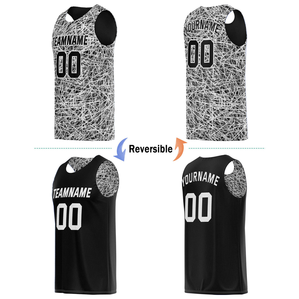Custom Reversible Basketball Jersey for Individuals & Teams – Black White Abstract Streak | Vosoli