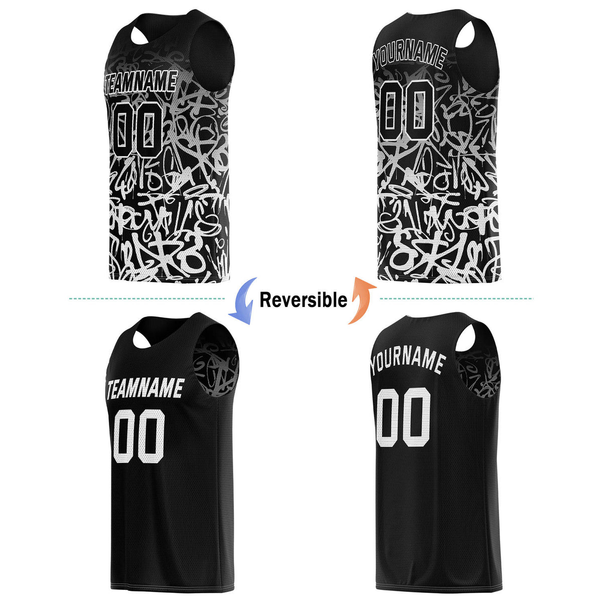 Custom Reversible Basketball Jersey for Individuals & Teams – Black & White Graffiti | Vosoli