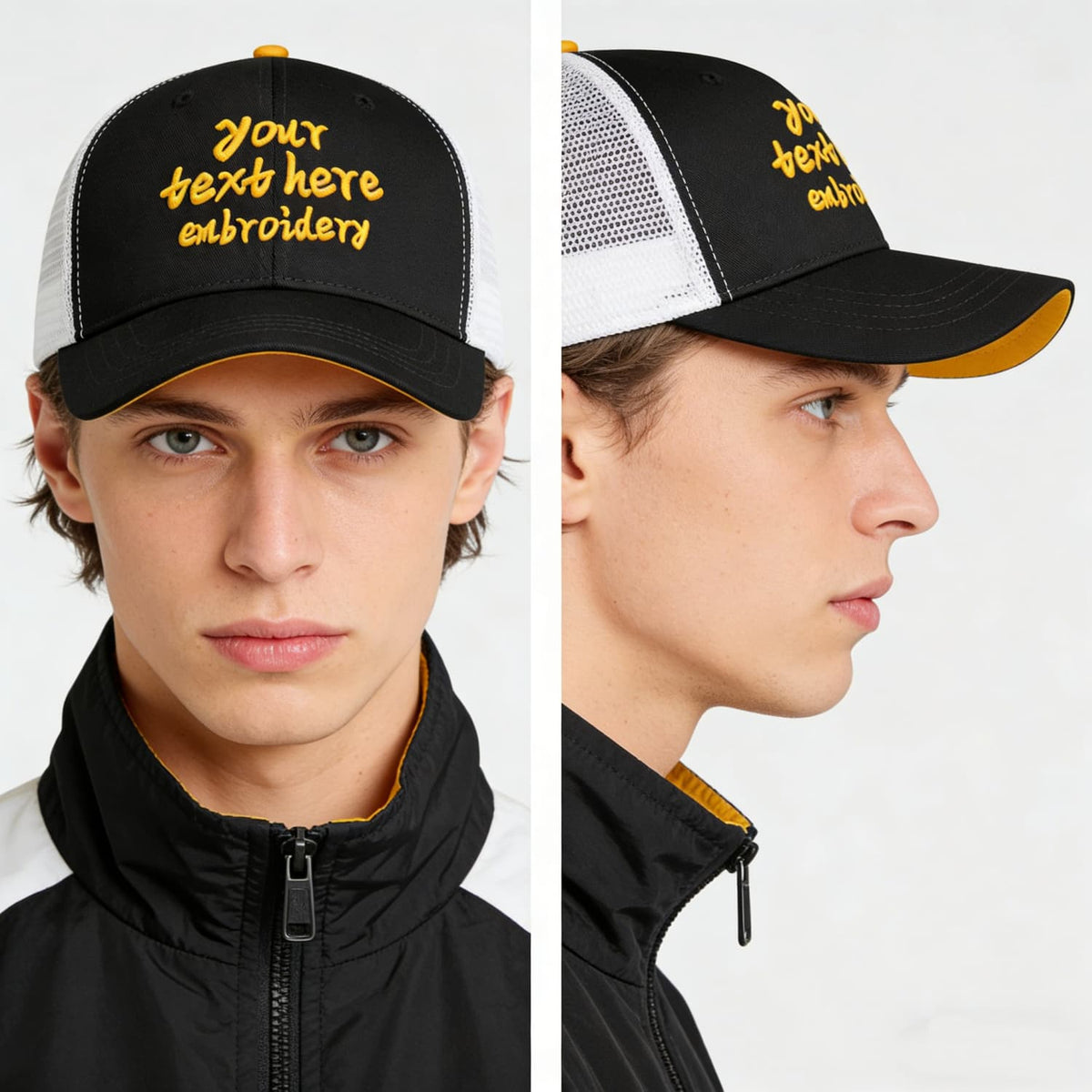 Vosoli Black & White Mesh-Back Trucker Cap - Unisex Personal & Team Custom 3D Embroidery or Print Hat
