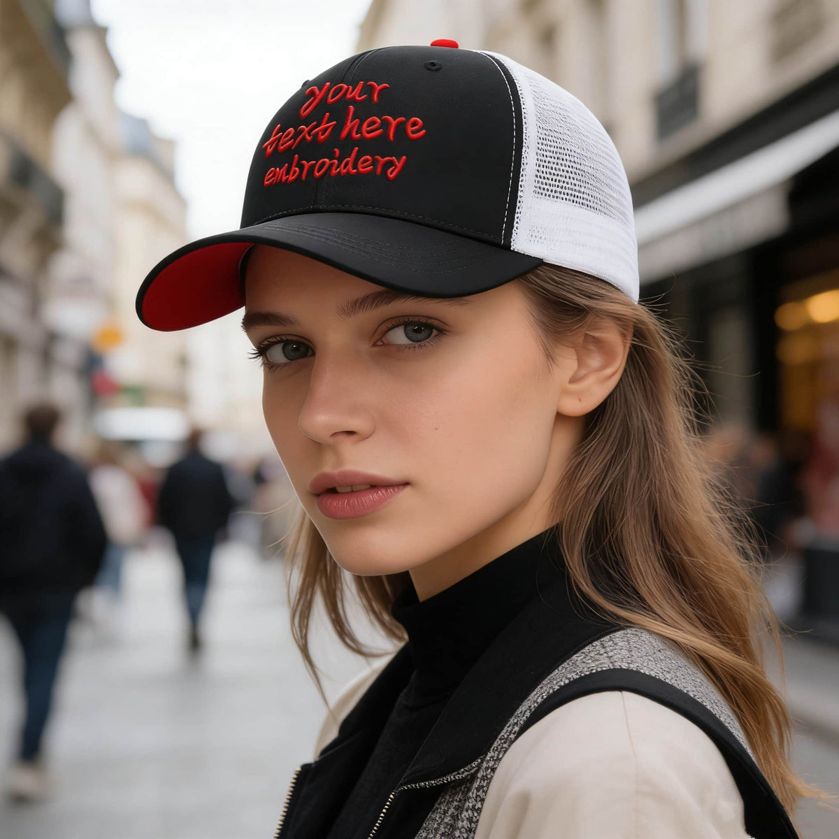 Vosoli Black & White Mesh-Back Trucker Cap - Unisex Personal & Team Custom 3D Embroidery or Print Hat