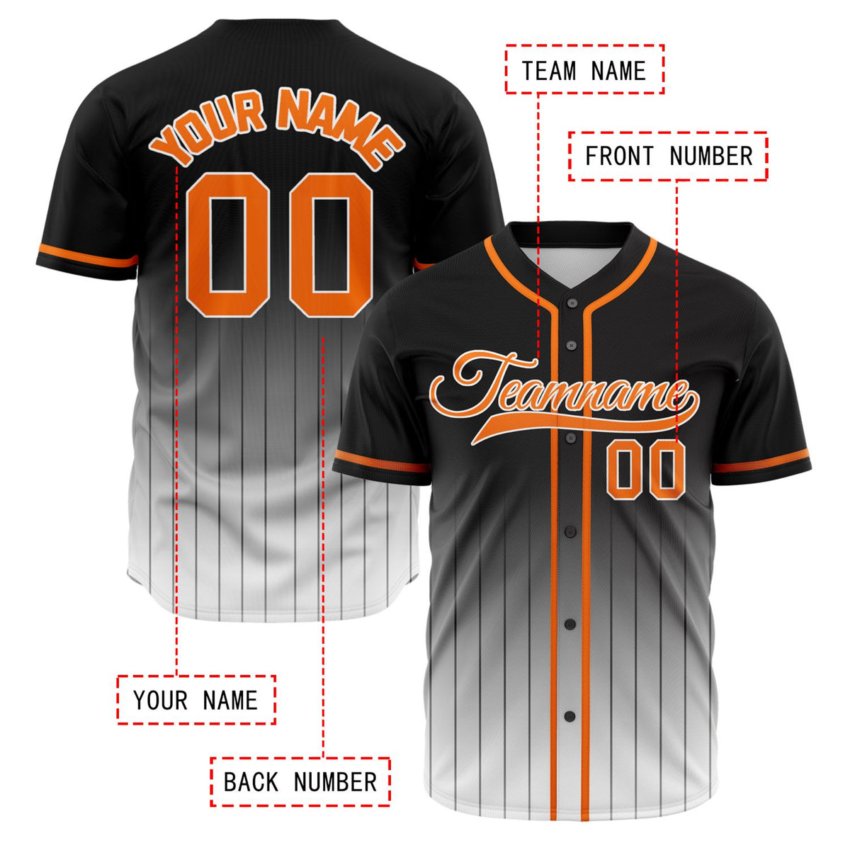 VOSOLI Urban Black & White Gradient Pinstripe Baseball Jersey with Orange Accents