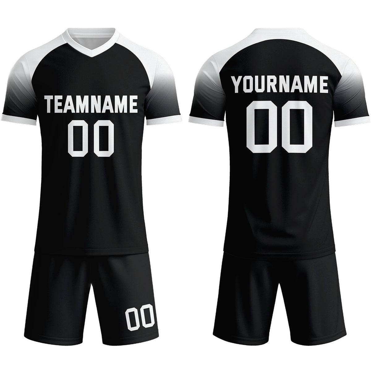 Custom Black &amp; White Raglan Sleeve Soccer Uniform Set for Teams &amp; Individuals | Vosoli