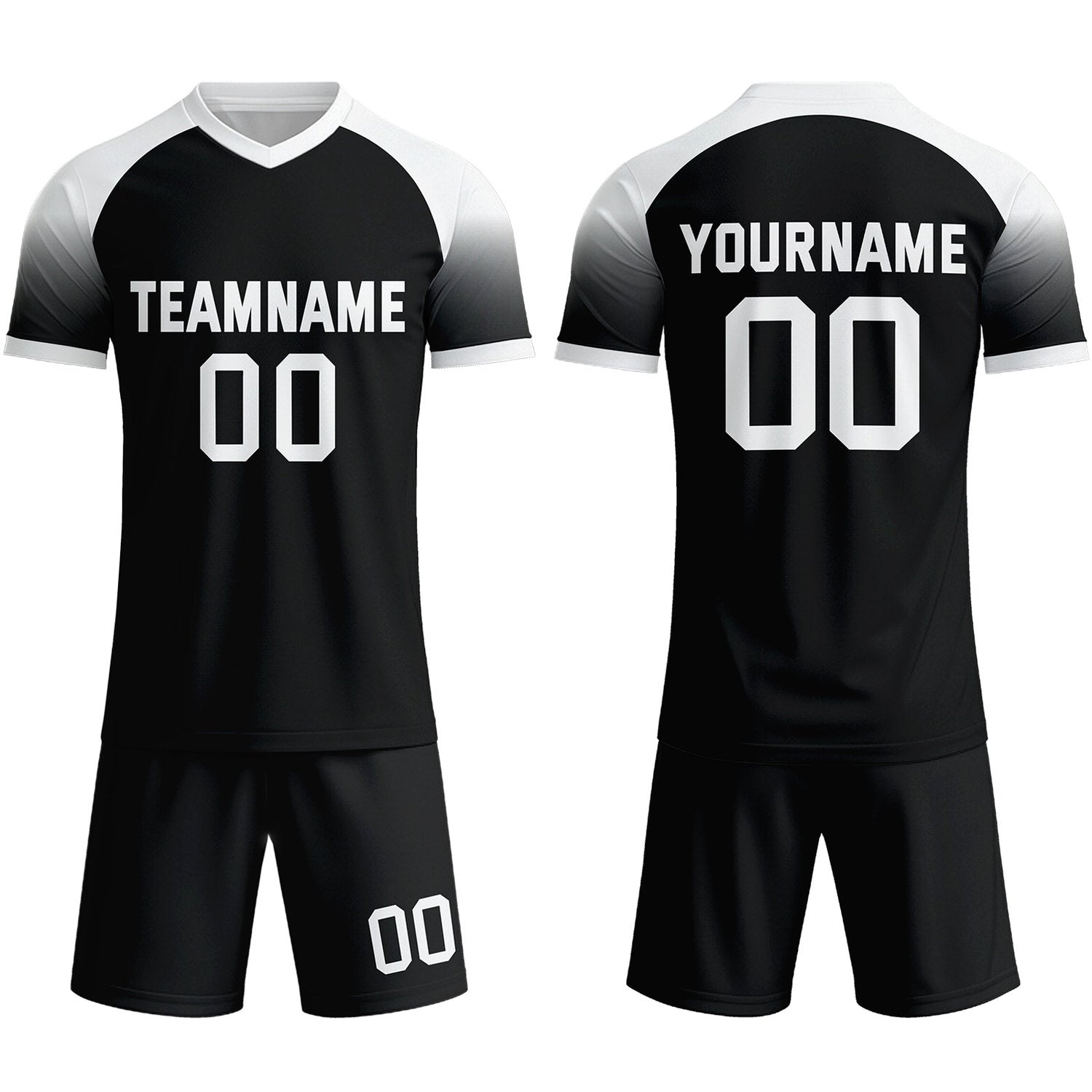 Custom Black & White Raglan Sleeve Soccer Uniform Set for Teams & Individuals | Vosoli