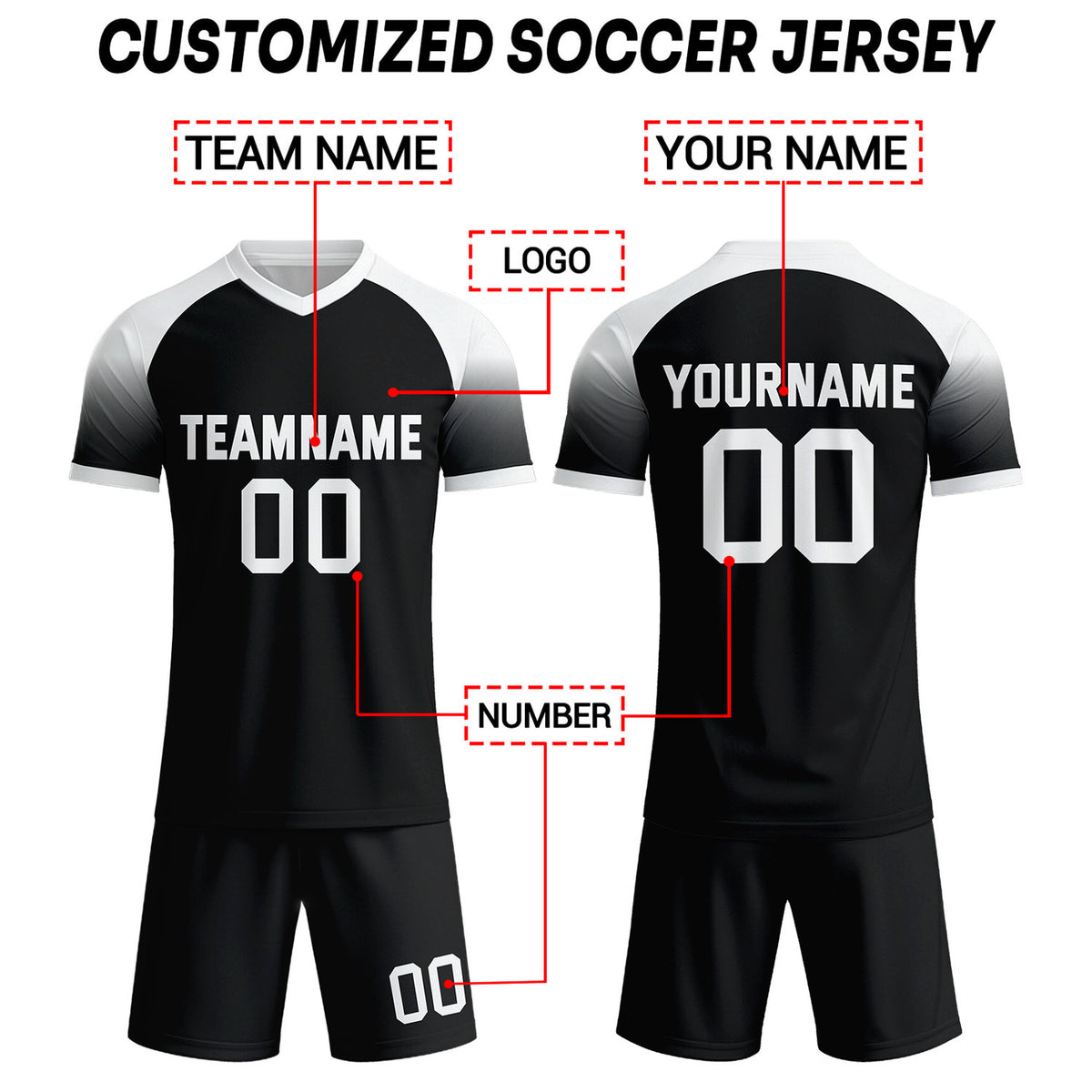 Custom Black & White Raglan Sleeve Soccer Uniform Set for Teams & Individuals | Vosoli