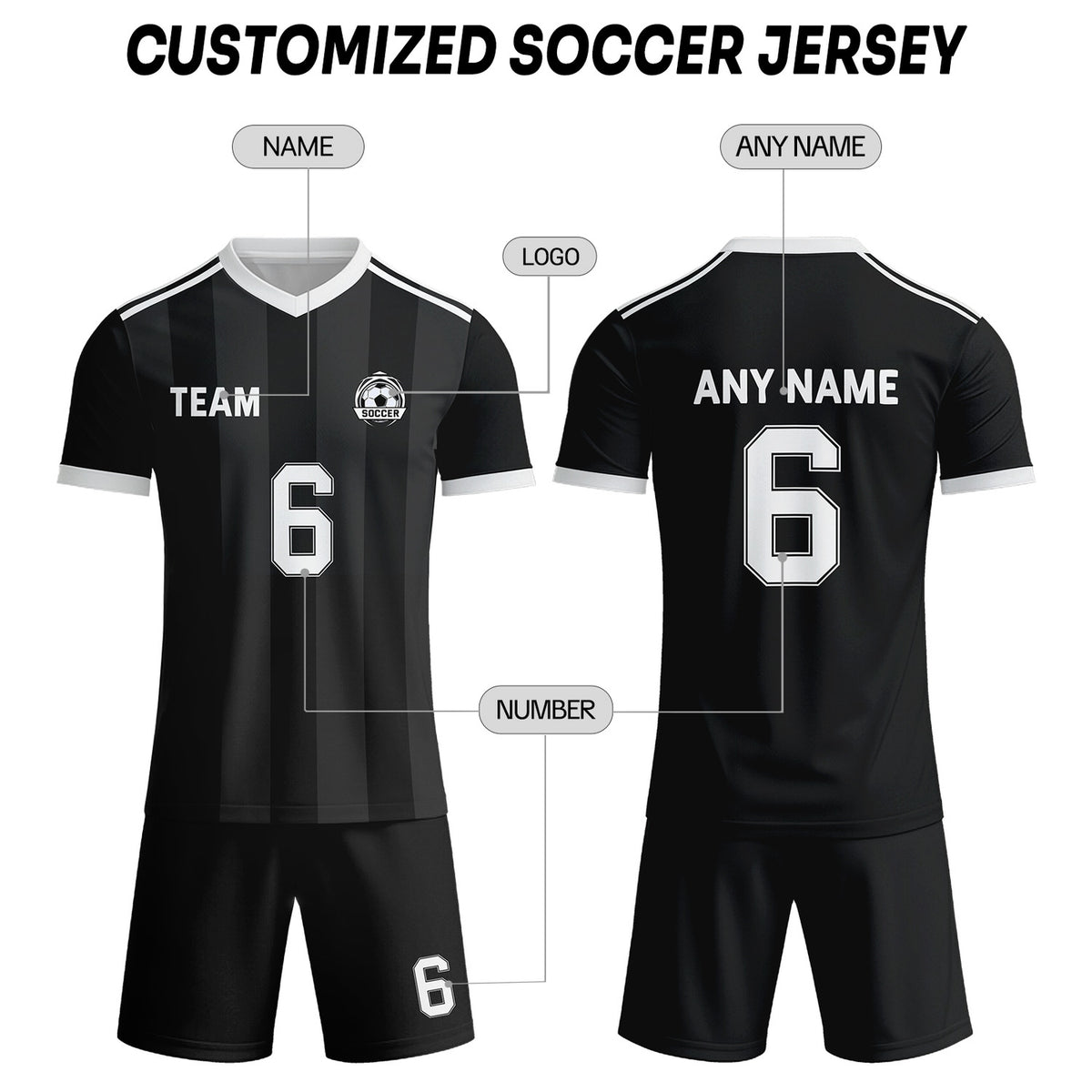 Custom Black & White Striped Soccer Uniform Set for Teams & Individuals | Vosoli