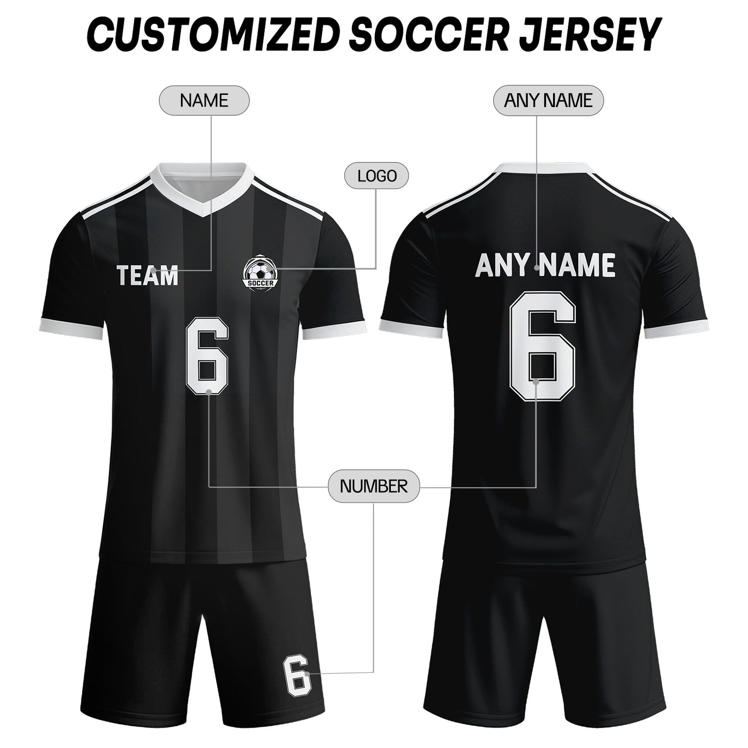 Custom Black & White Striped Soccer Uniform Set for Teams & Individuals | Vosoli