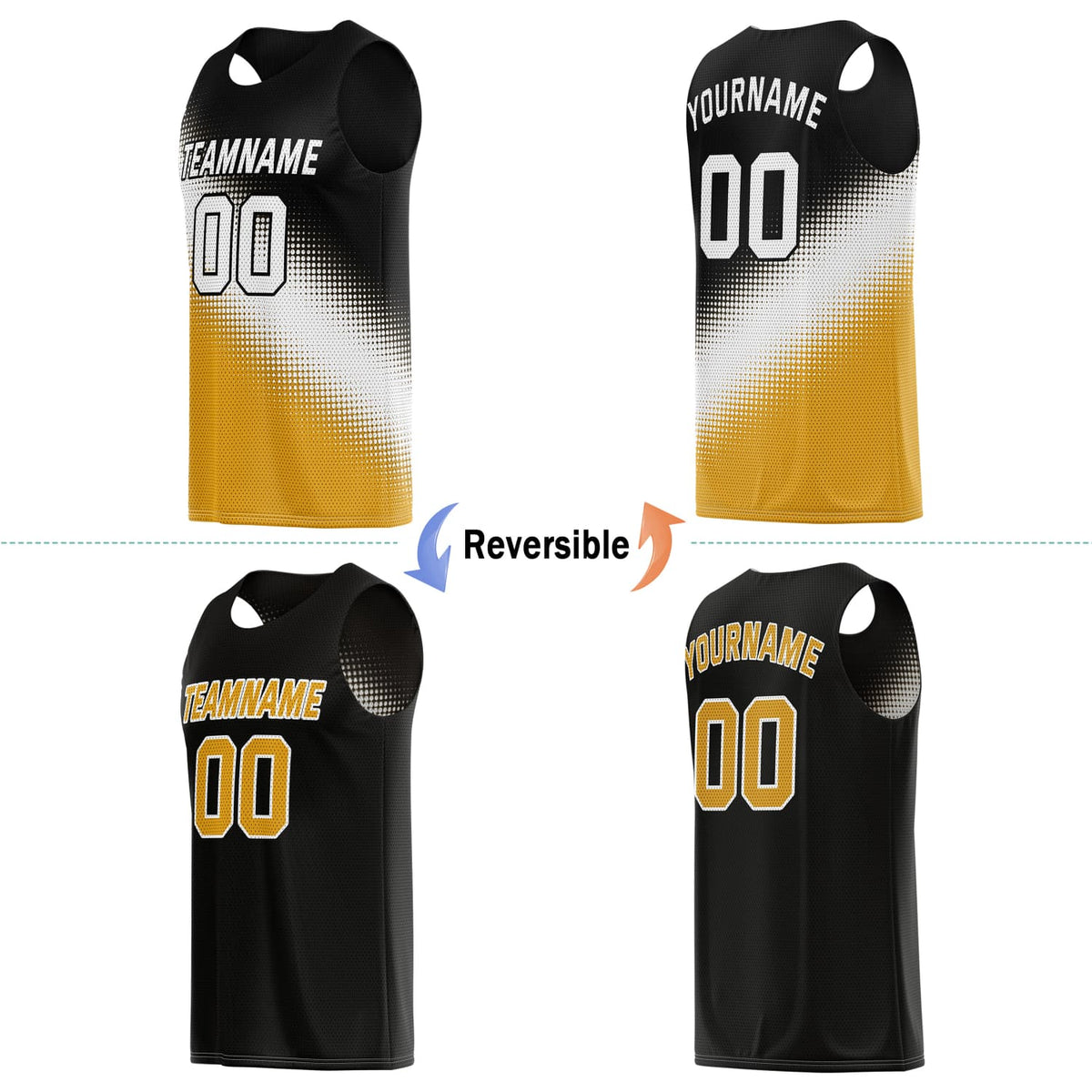 Custom Reversible Basketball Jersey for Individuals & Teams – Black, White & Yellow | Vosoli
