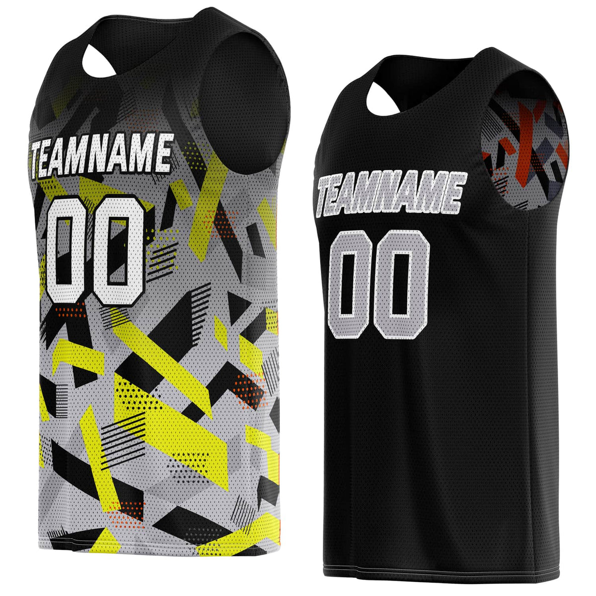 Custom Reversible Basketball Jersey for Individuals &amp; Teams – Black Yellow Grey Abstract Geo | Vosoli