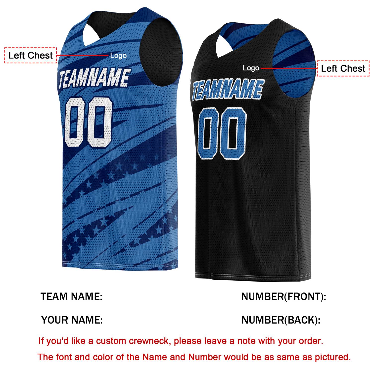 Custom Reversible Basketball Jersey for Individuals & Teams – Blue Black White Star Stripe | Vosoli