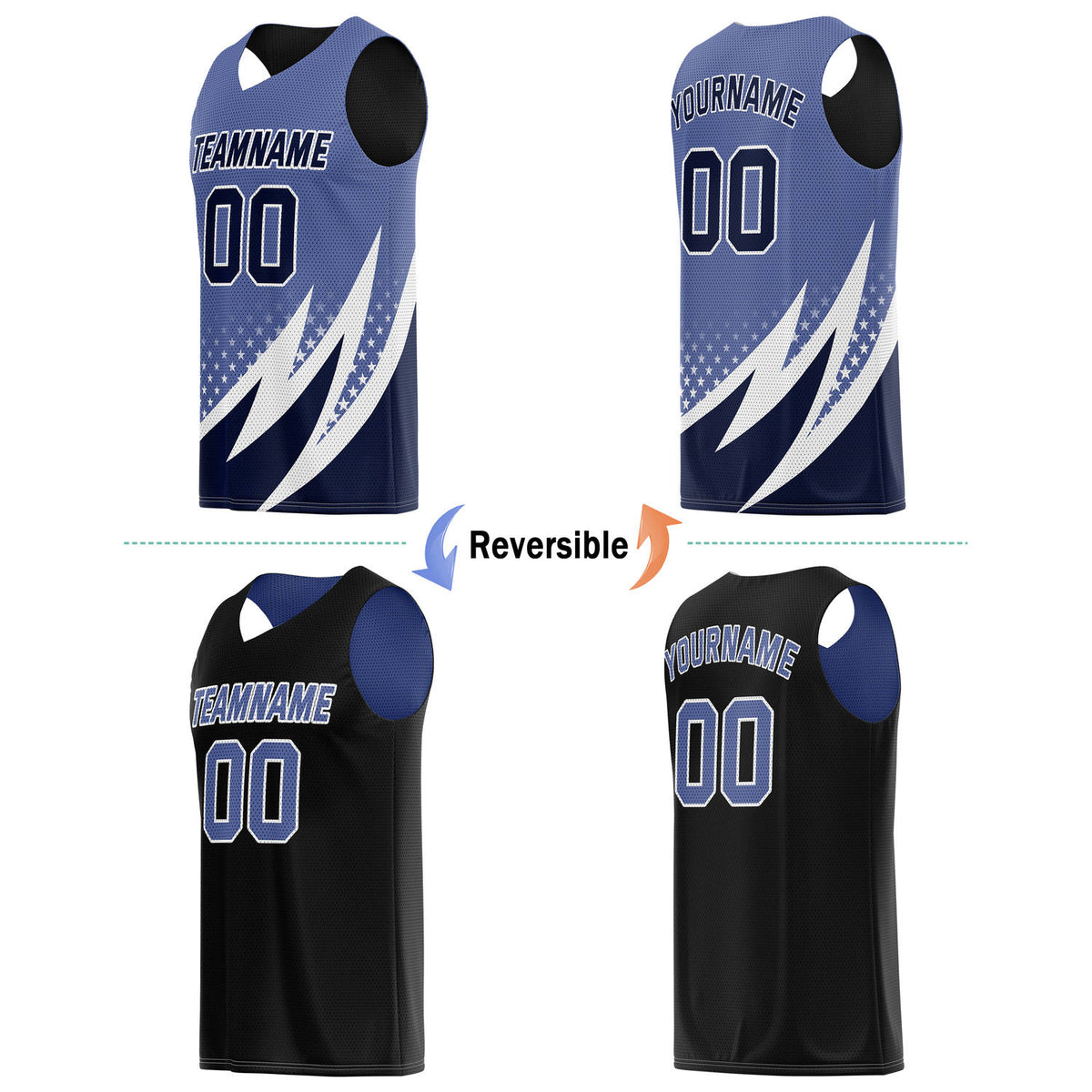 Custom Reversible Basketball Jersey for Individuals & Teams – Blue Black White Star Stripe | Vosoli