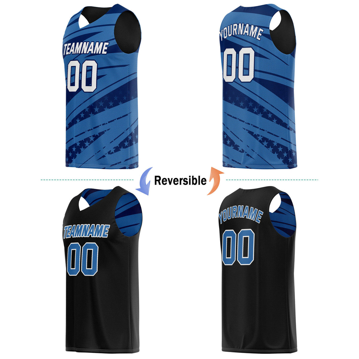 Custom Reversible Basketball Jersey for Individuals & Teams – Blue Black White Star Stripe | Vosoli
