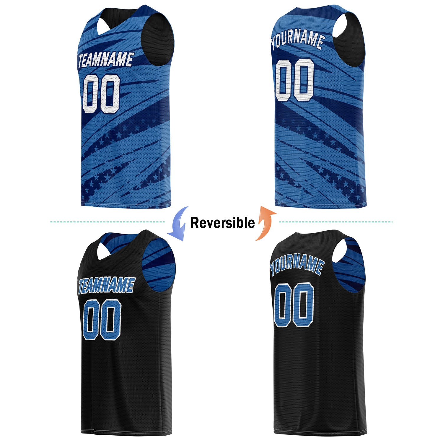 Custom Reversible Basketball Jersey for Individuals & Teams – Blue Black White Star Stripe | Vosoli