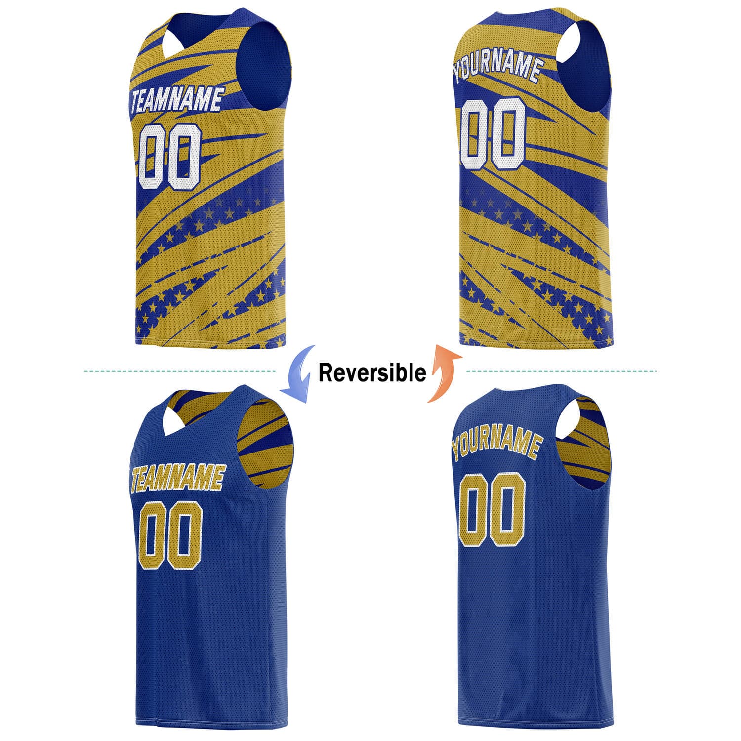 Custom Reversible Basketball Jersey for Individuals & Teams – Blue Gold Star Stripe | Vosoli