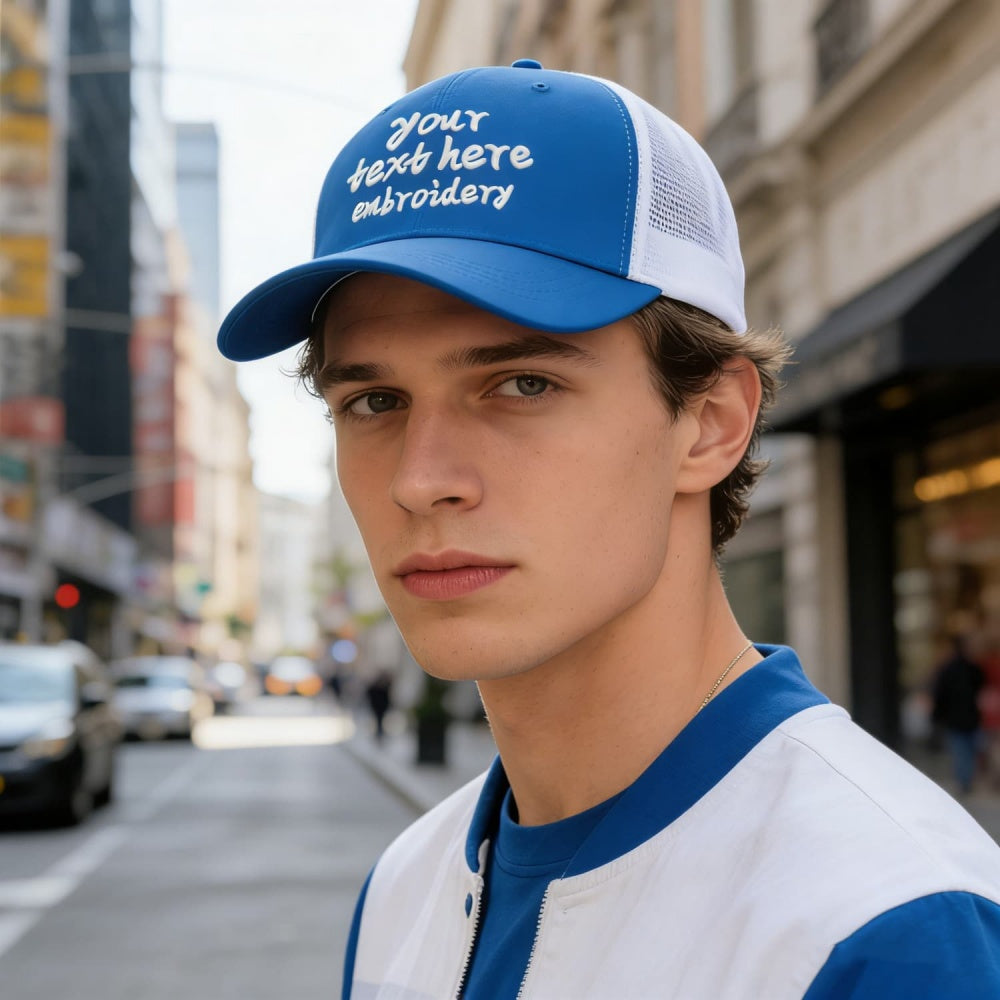 Vosoli Blue White Mesh Trucker Cap - Custom Embroidered Personalized Hat