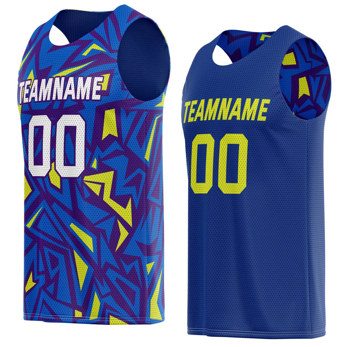 Custom Reversible Basketball Jersey for Individuals &amp; Teams – Blue Purple Yellow Abstract Geo | Vosoli