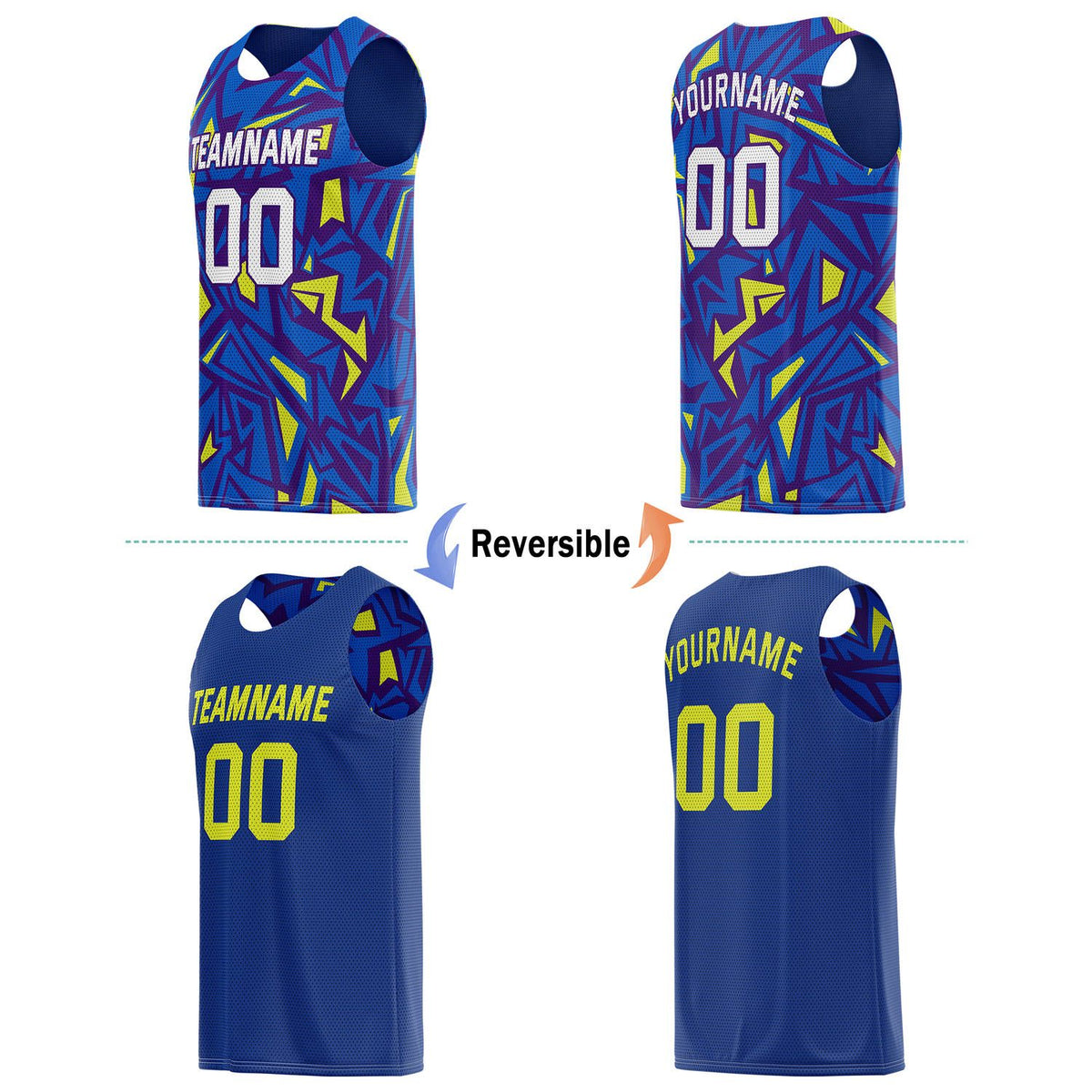 Custom Reversible Basketball Jersey for Individuals & Teams – Blue Purple Yellow Abstract Geo | Vosoli