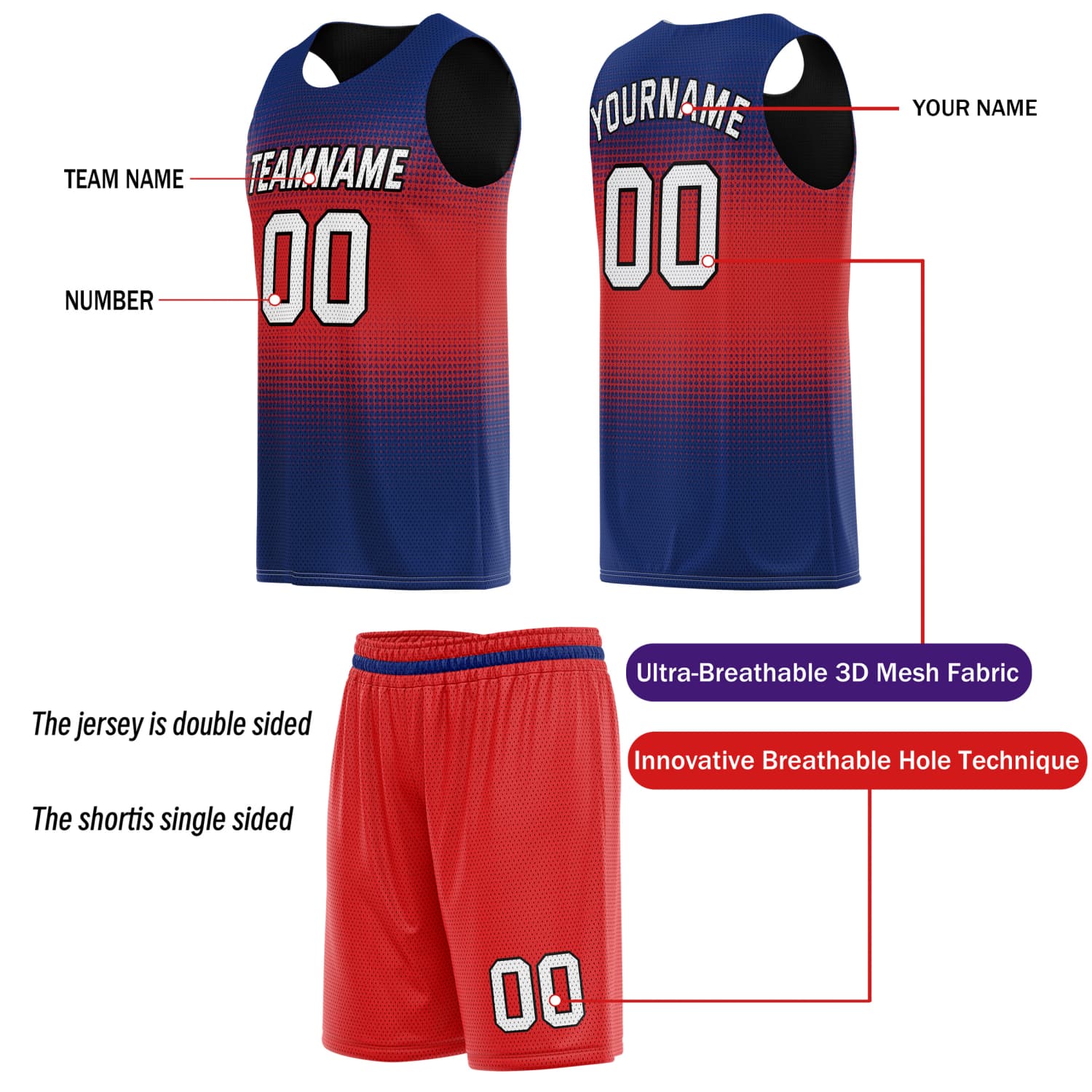 Custom Reversible Basketball Jersey & Shorts Set for Individuals & Teams – Blue Red Black Dot Gradient | Vosoli