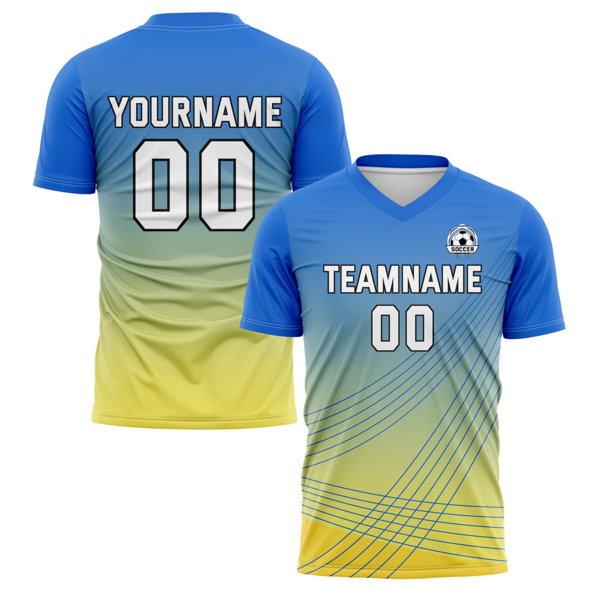 Custom Blue-to-Yellow Gradient Soccer Jersey - Personalized Team Name &amp; Player Number for Leagues | Vosoli