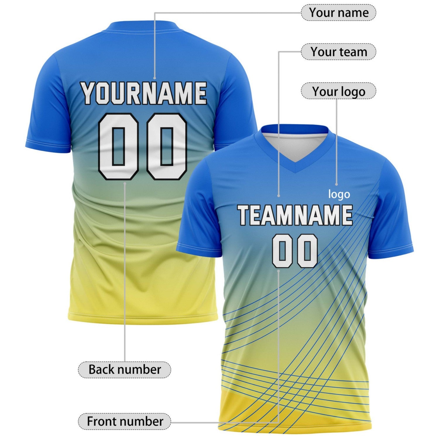 Custom Blue-to-Yellow Gradient Soccer Jersey - Personalized Team Name & Player Number for Leagues | Vosoli