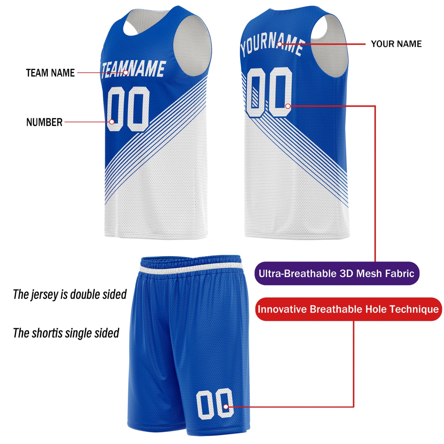 Custom Reversible Basketball Jersey & Shorts Set for Individuals & Teams – Blue White Diagonal Stripe | Vosoli