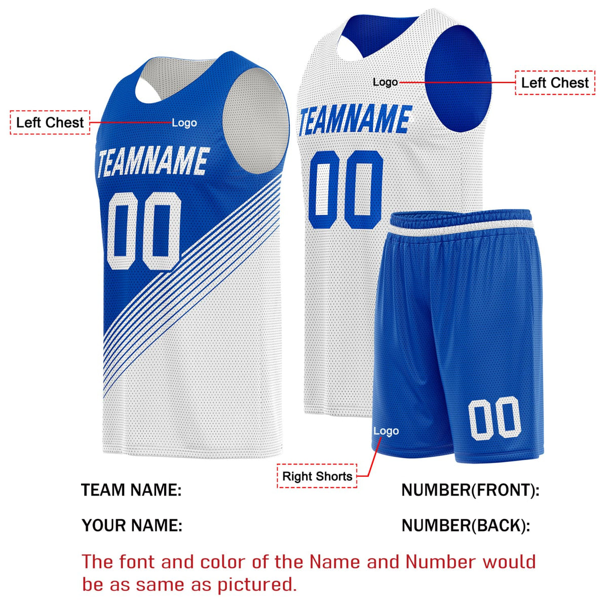 Custom Reversible Basketball Jersey & Shorts Set for Individuals & Teams – Blue White Diagonal Stripe | Vosoli