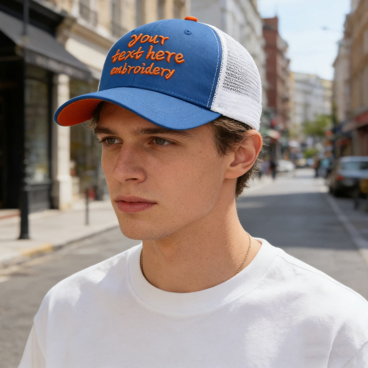 Vosoli Royal Blue & White Mesh-Back Trucker Cap - Unisex Personal & Team Custom 3D Embroidery or Print Hat