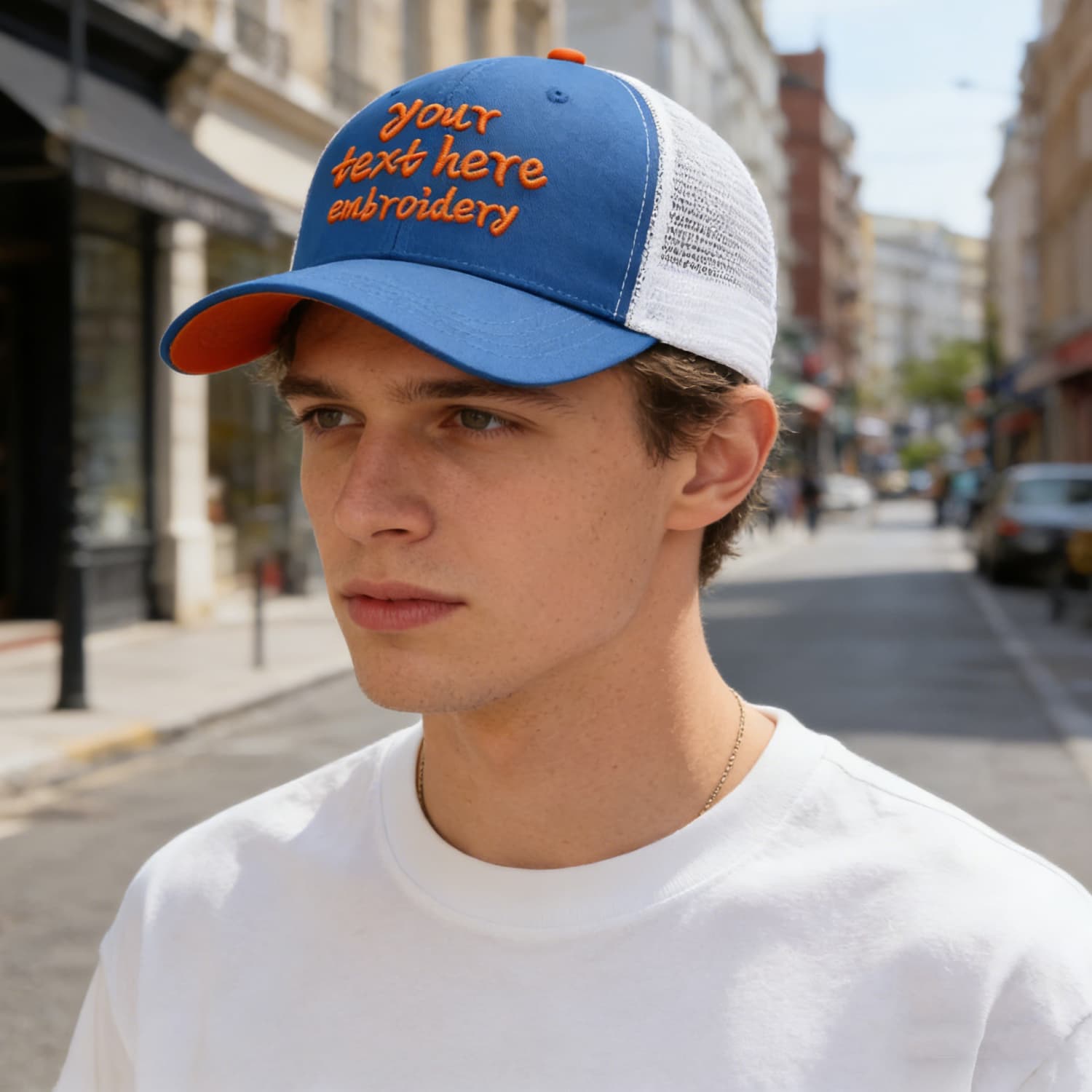 Vosoli Royal Blue & White Mesh-Back Trucker Cap - Unisex Personal & Team Custom 3D Embroidery or Print Hat