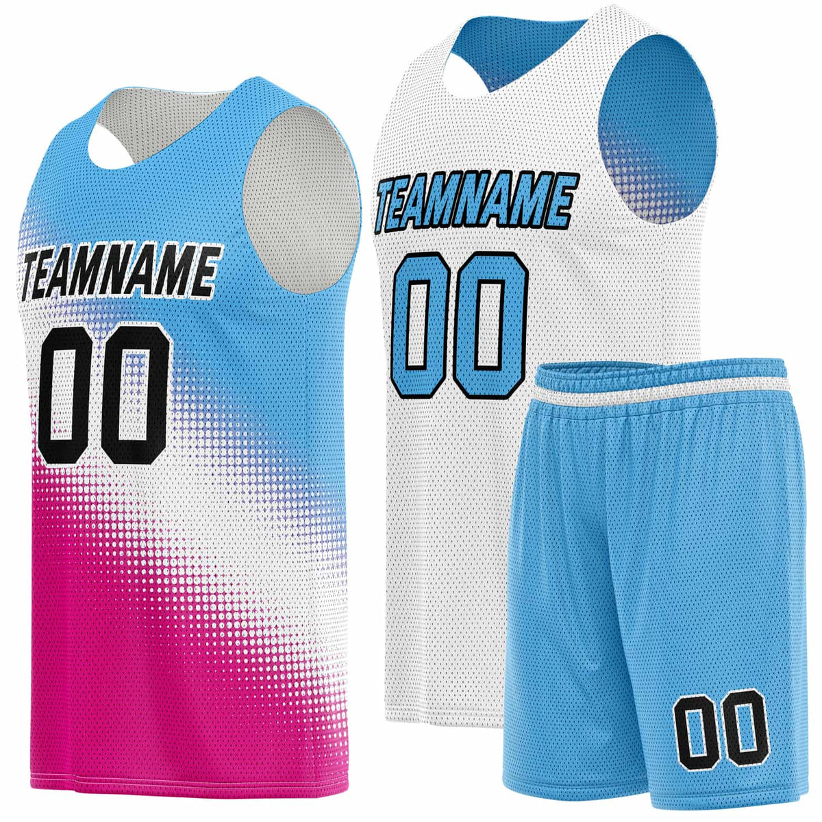 Custom Reversible Basketball Jersey &amp; Shorts Set for Individuals &amp; Teams – Blue Pink White Dot Gradient | Vosoli