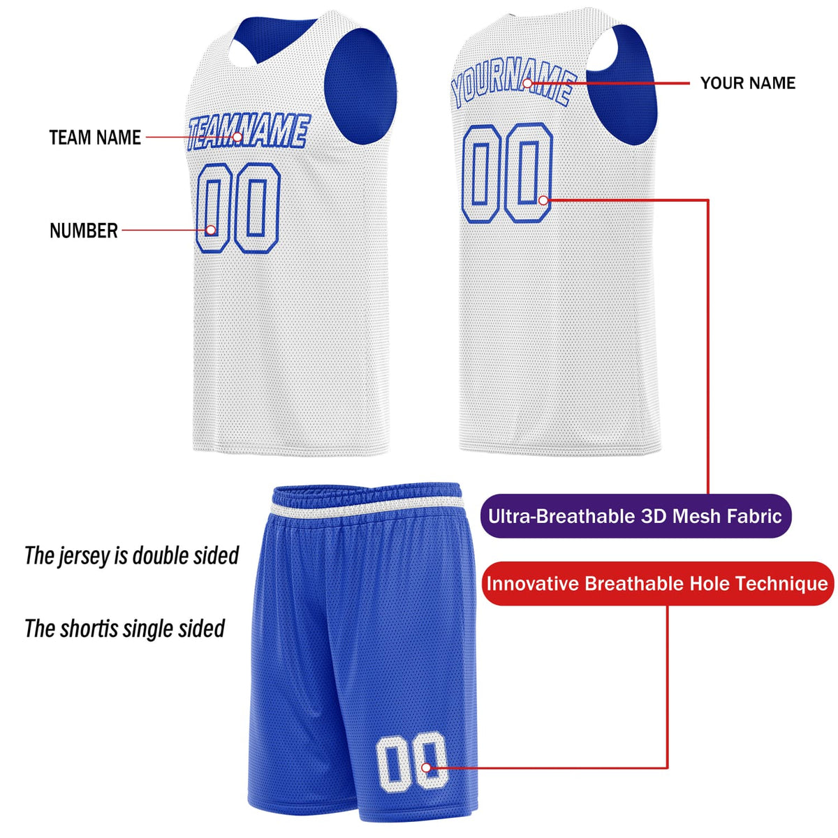 Custom Reversible Basketball Jersey & Shorts Set for Individuals & Teams – Blue White | Vosoli