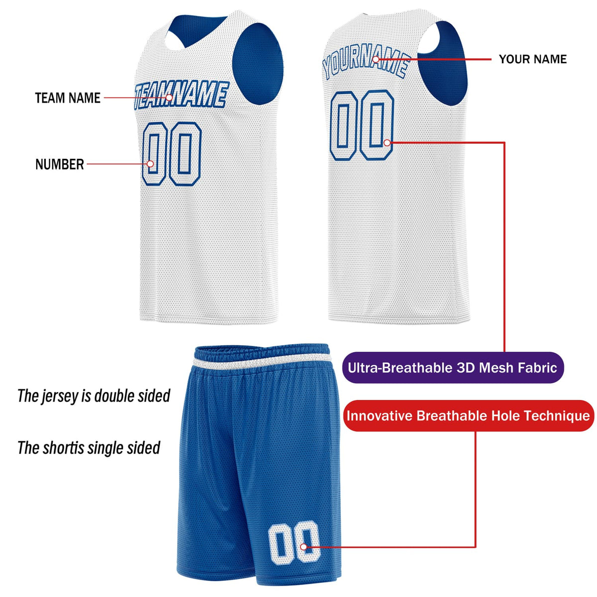 Custom Reversible Basketball Jersey & Shorts Set for Individuals & Teams – Blue White | Vosoli
