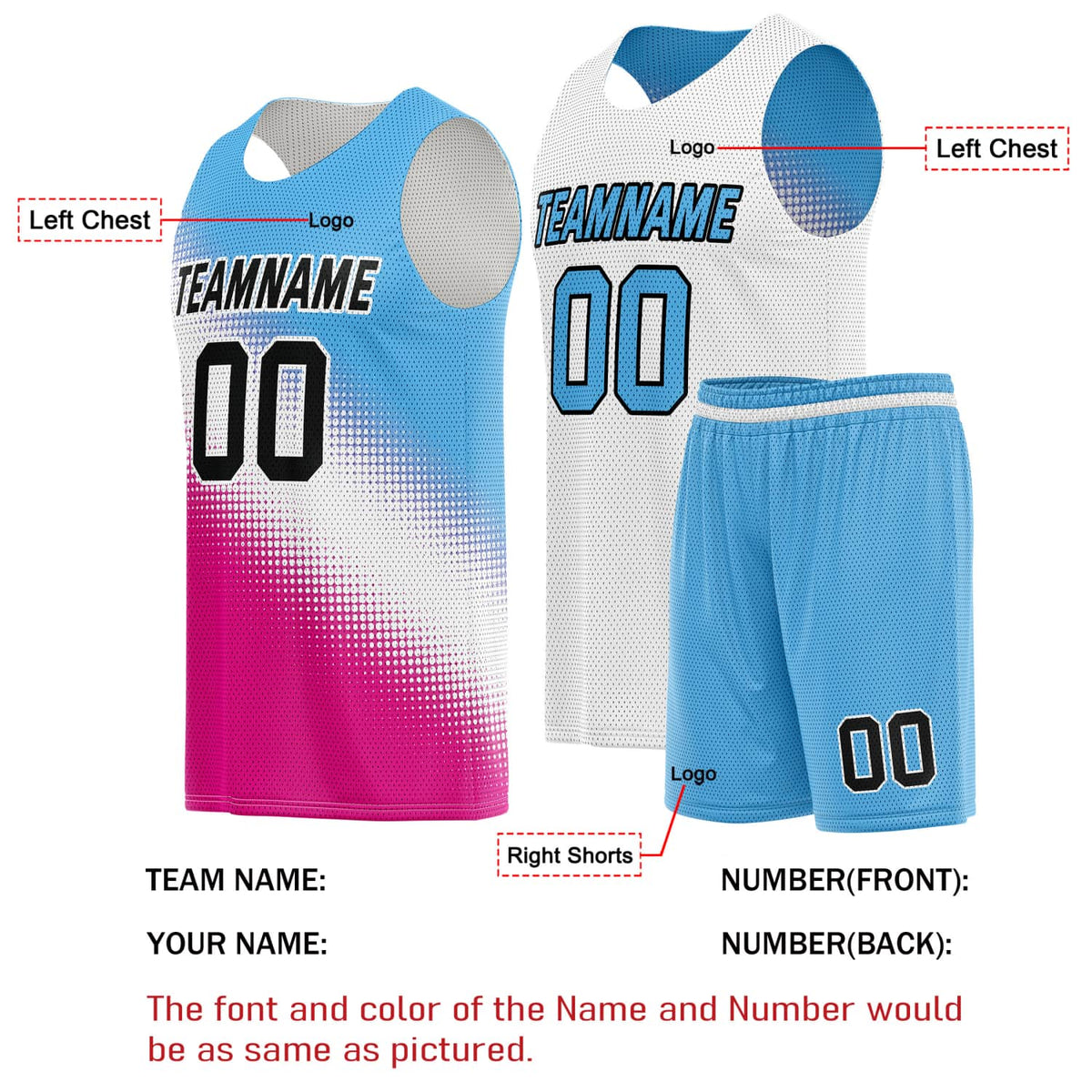 Custom Reversible Basketball Jersey & Shorts Set for Individuals & Teams – Blue Pink White Dot Gradient | Vosoli