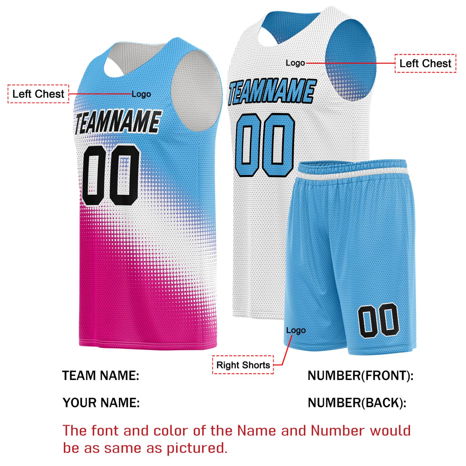 Custom Reversible Basketball Jersey & Shorts Set for Individuals & Teams – Blue Pink White Dot Gradient | Vosoli