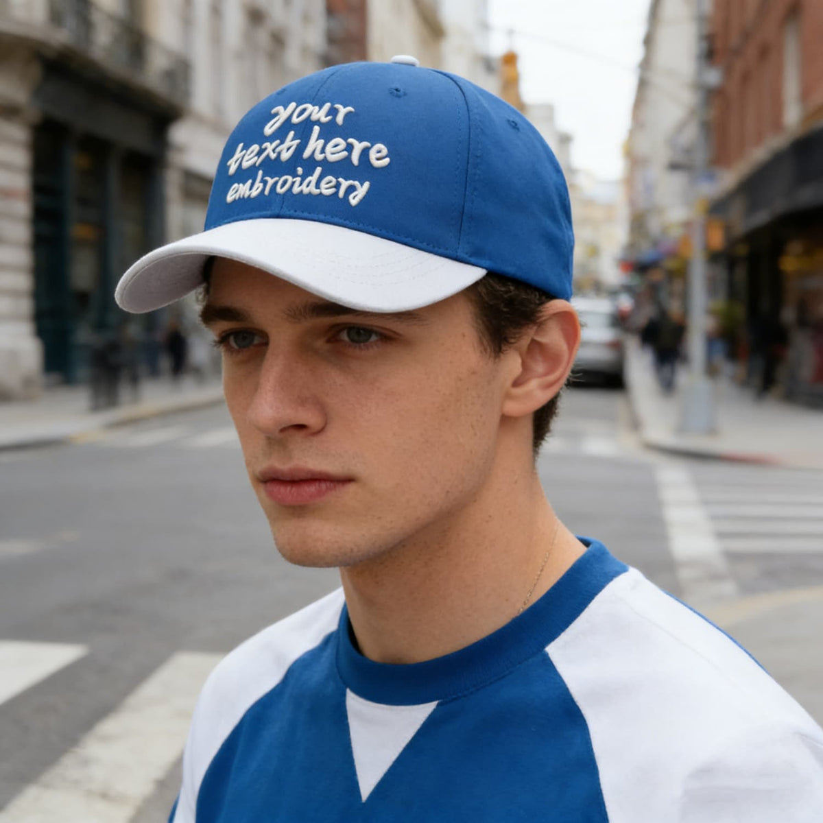 Vosoli Blue White Two-Tone Baseball Cap - Unisex Custom 3D Embroidery or Print