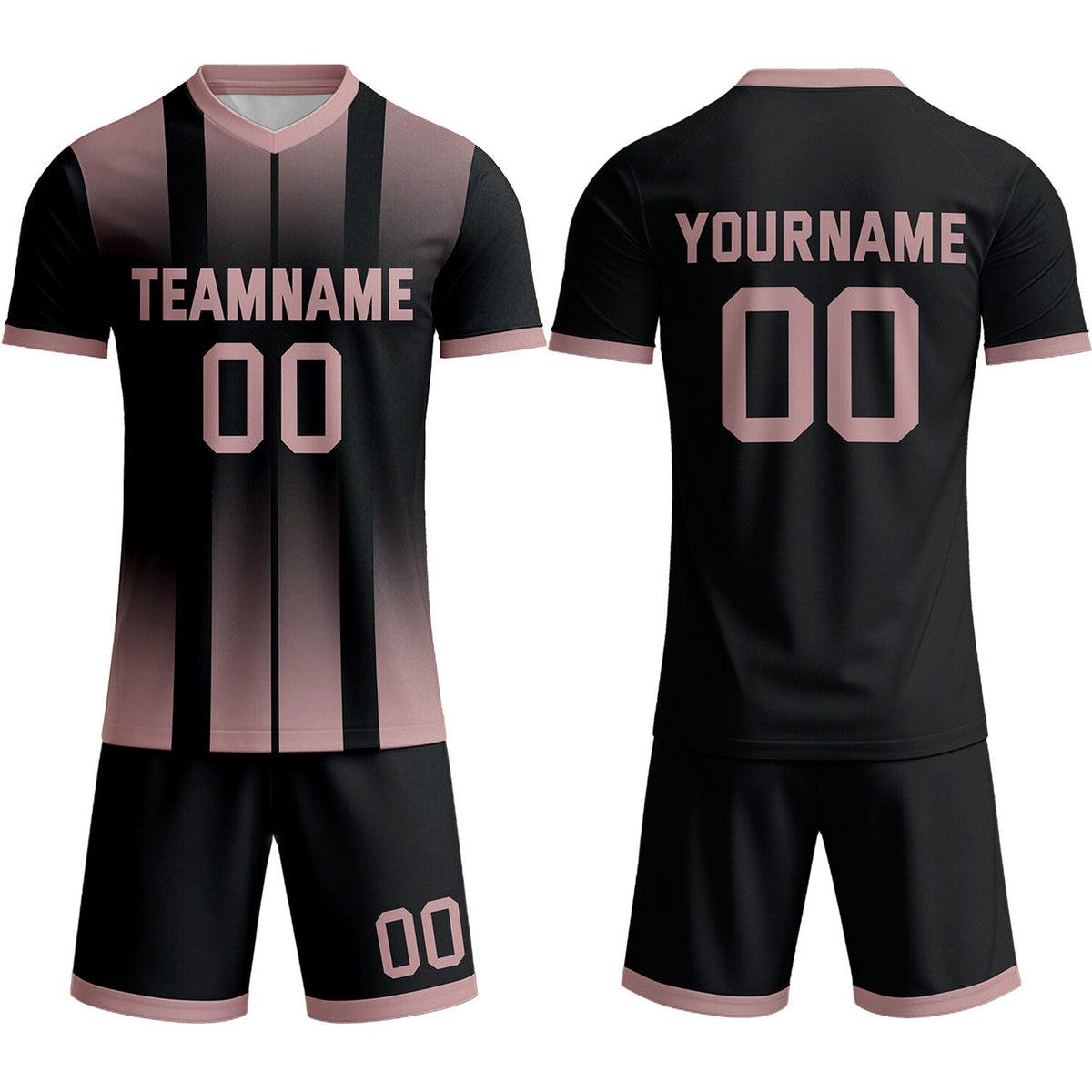 Custom Blush Pink &amp; Black Ombre Stripe Soccer Uniform Set for Teams &amp; Individuals | Vosoli