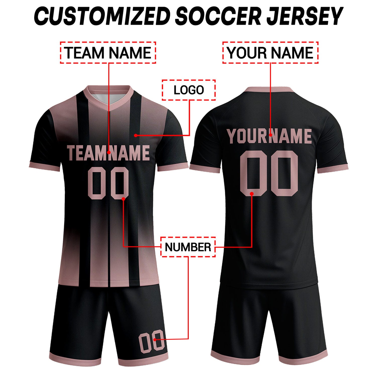 Custom Blush Pink & Black Ombre Stripe Soccer Uniform Set for Teams & Individuals | Vosoli